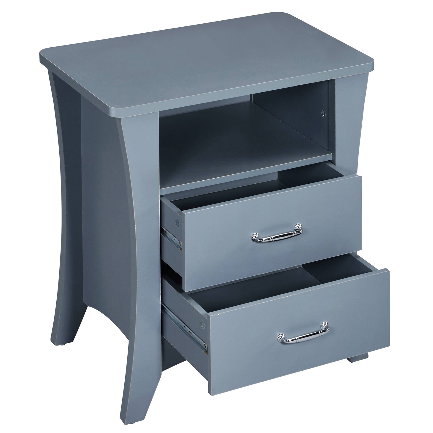 Gray wooden bedside table with two drawers and a shelf modern design