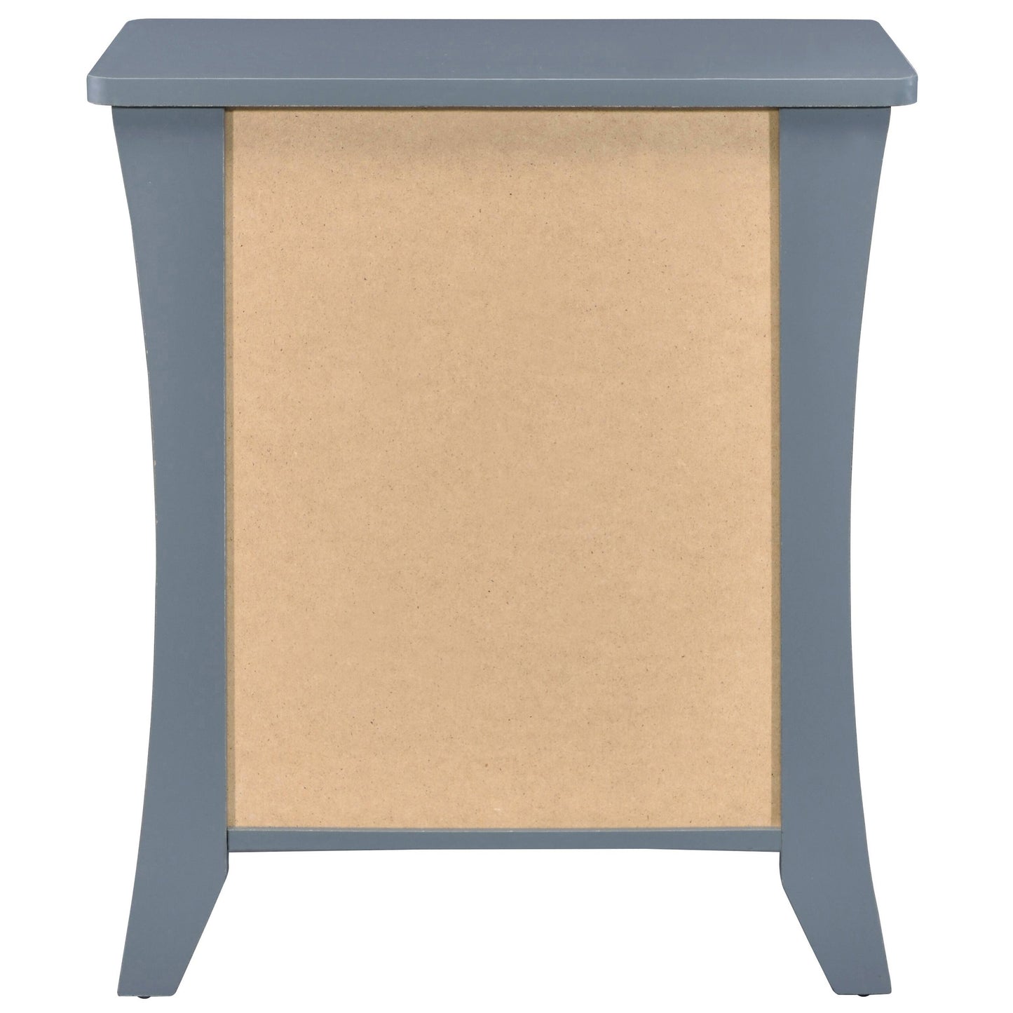 Gray wooden side table with curved legs and beige wood panel
