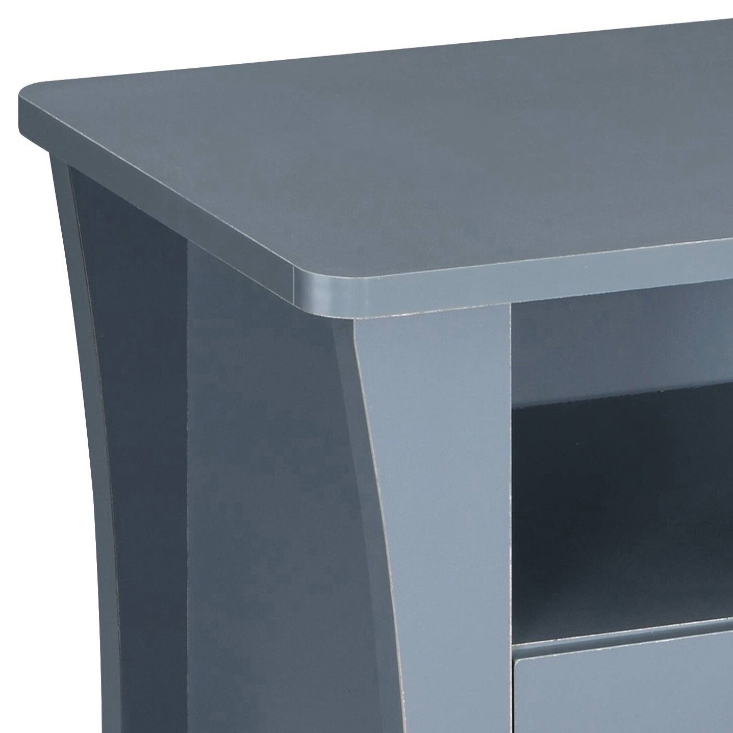 Closeup of a dark gray modern media console with rounded edges