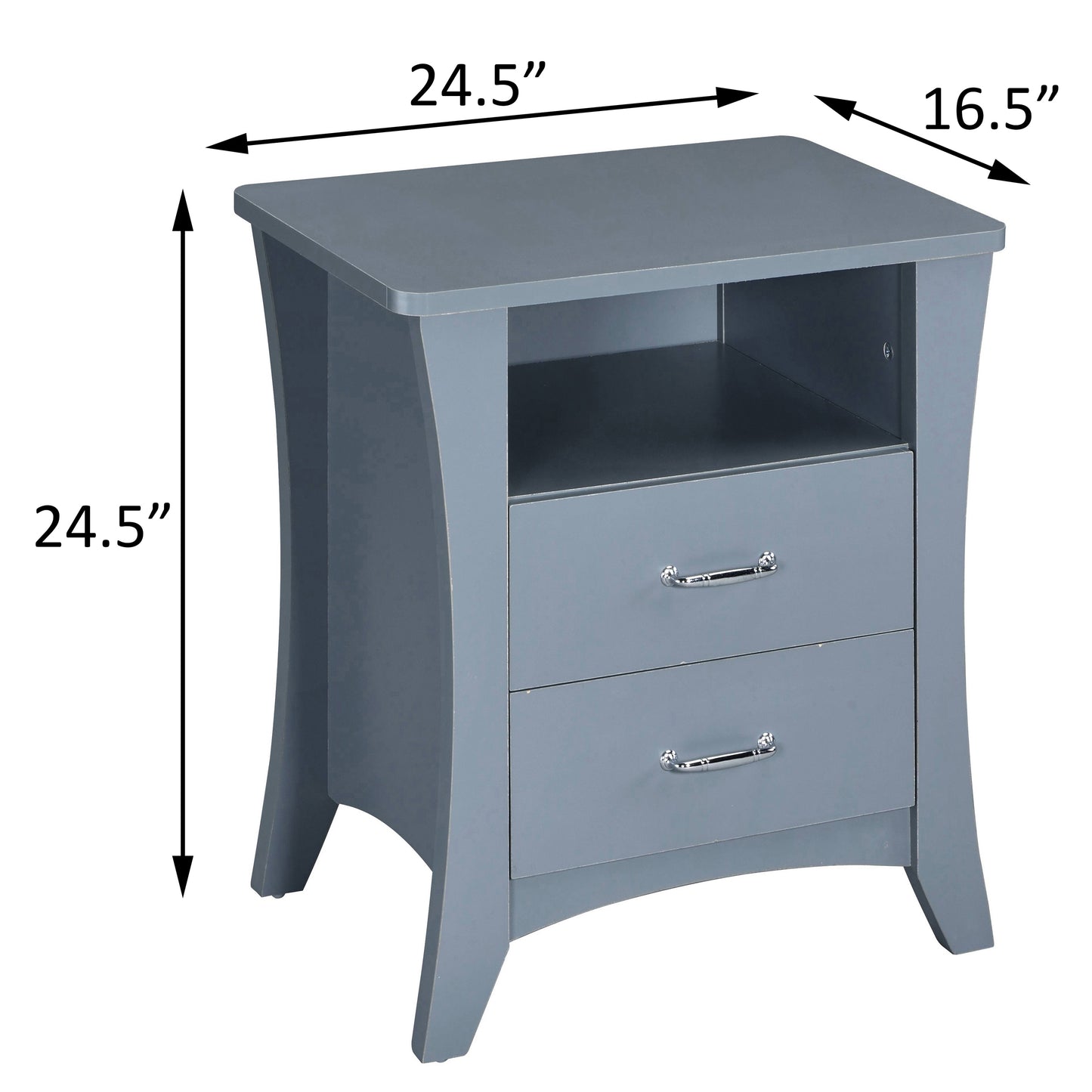 Gray wooden nightstand with two drawers and an open shelf