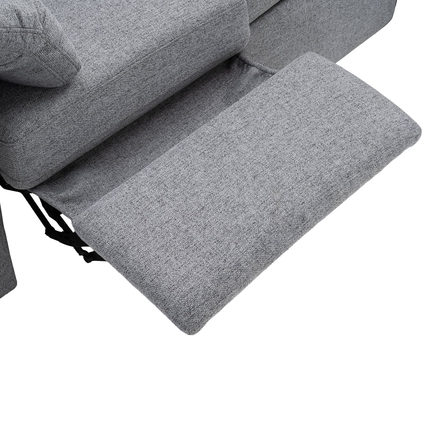 Close up of a grey fabric recliner chair with footrest extended for comfort