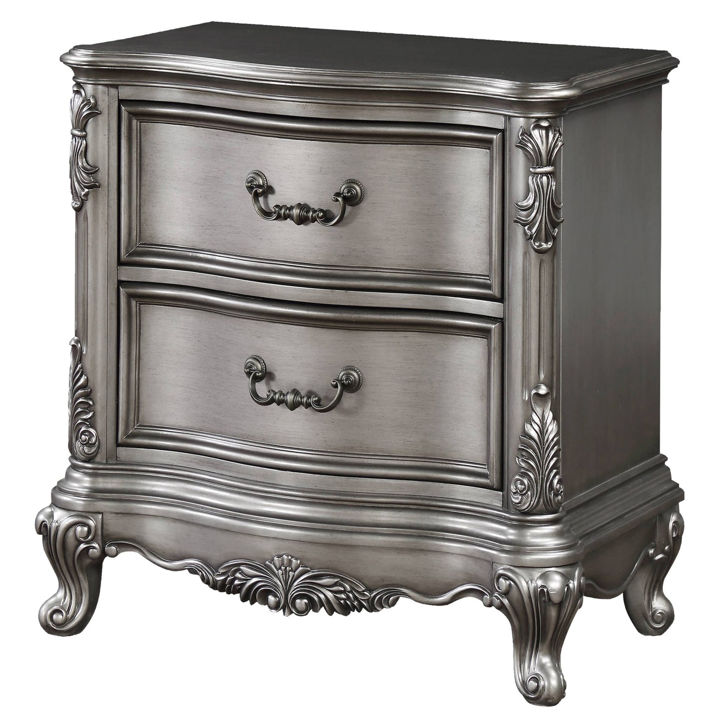 Antique silver twodrawer nightstand with ornate carved detailing and cabriole legs
