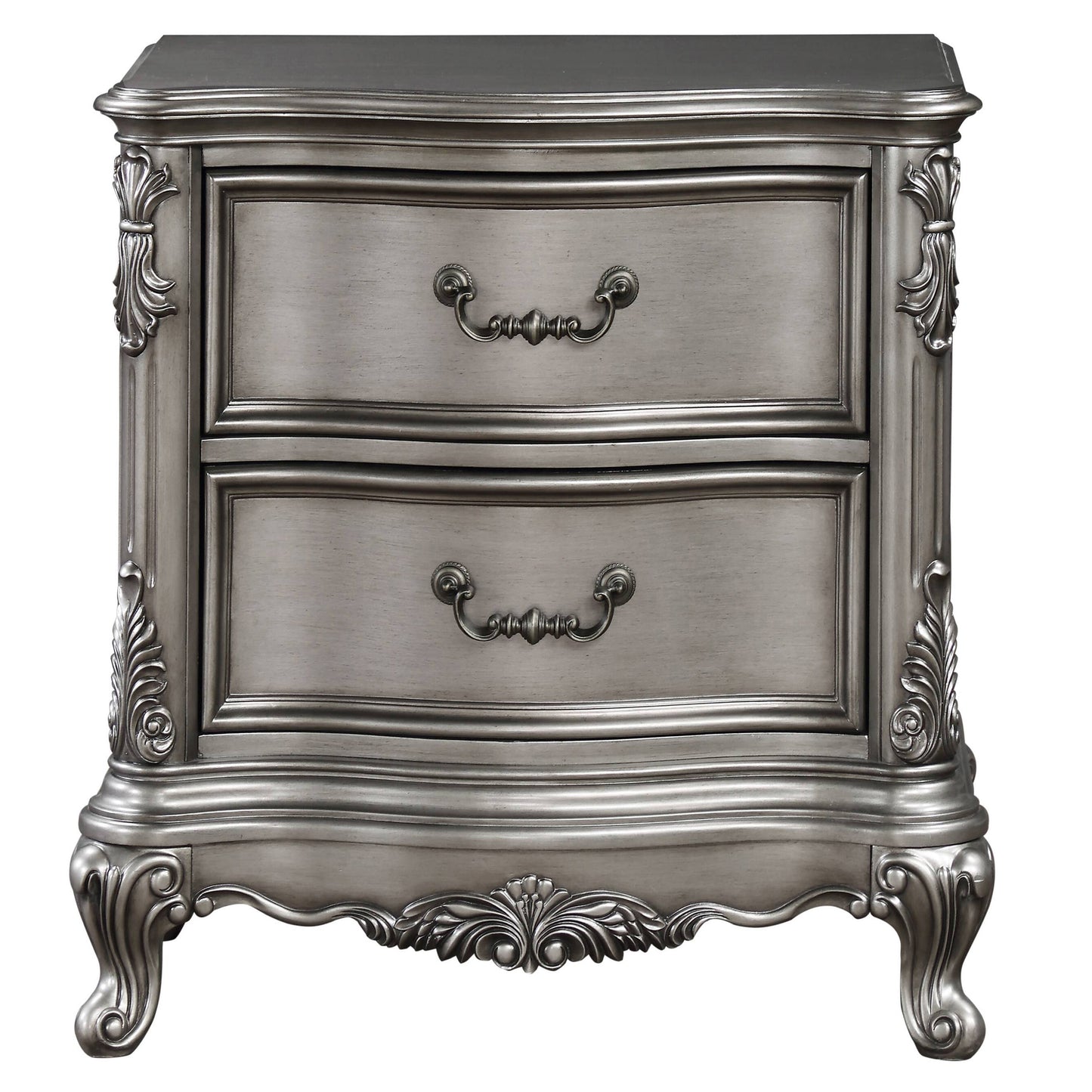 Antique silver finish nightstand with two drawers and ornate detailing