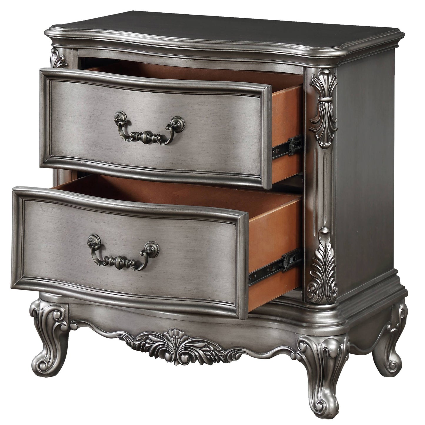 Antique silver ornate twodrawer nightstand with carved detailing and antique brass hardware