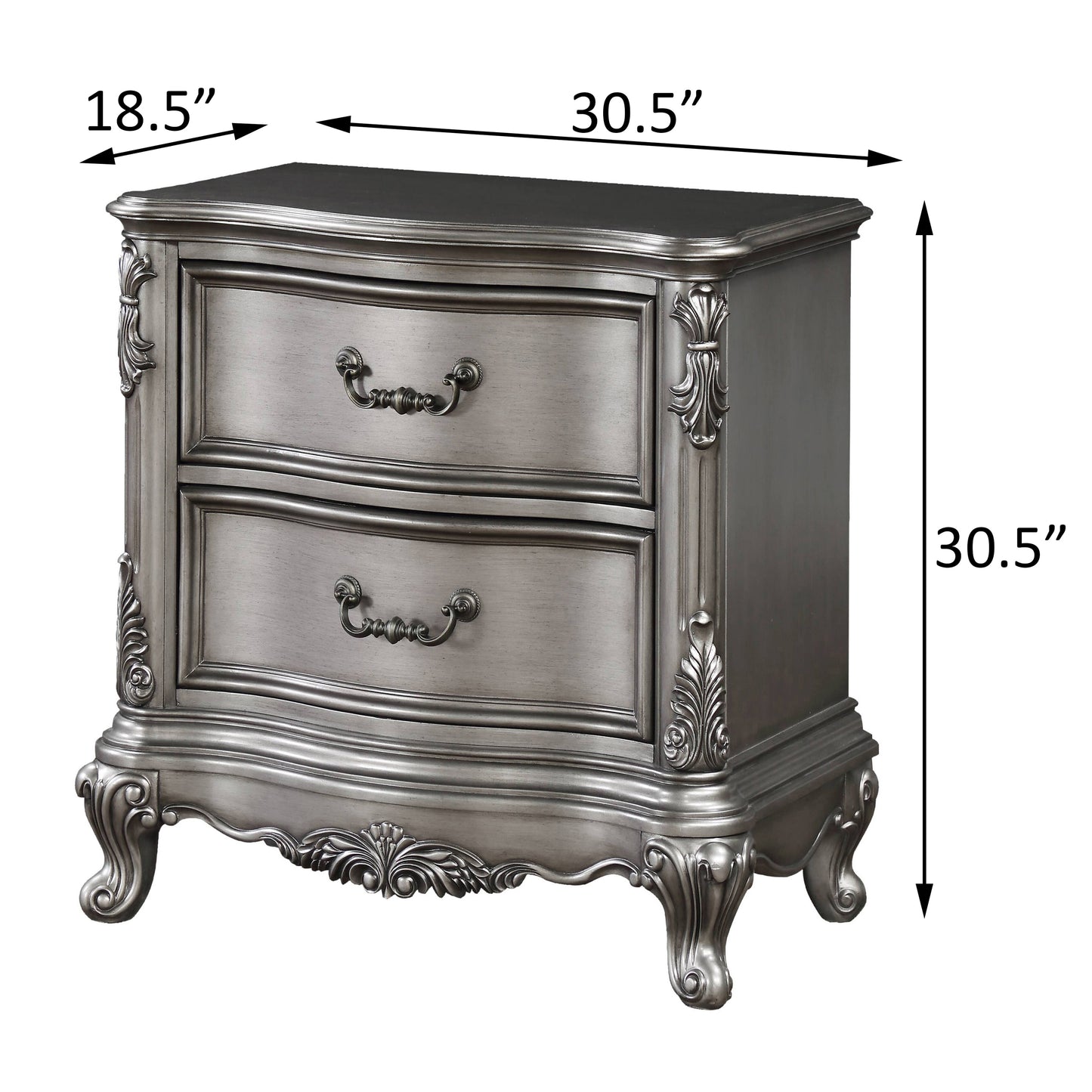 Ornate silver nightstand with two drawers and decorative carvings ideal for bedroom storage