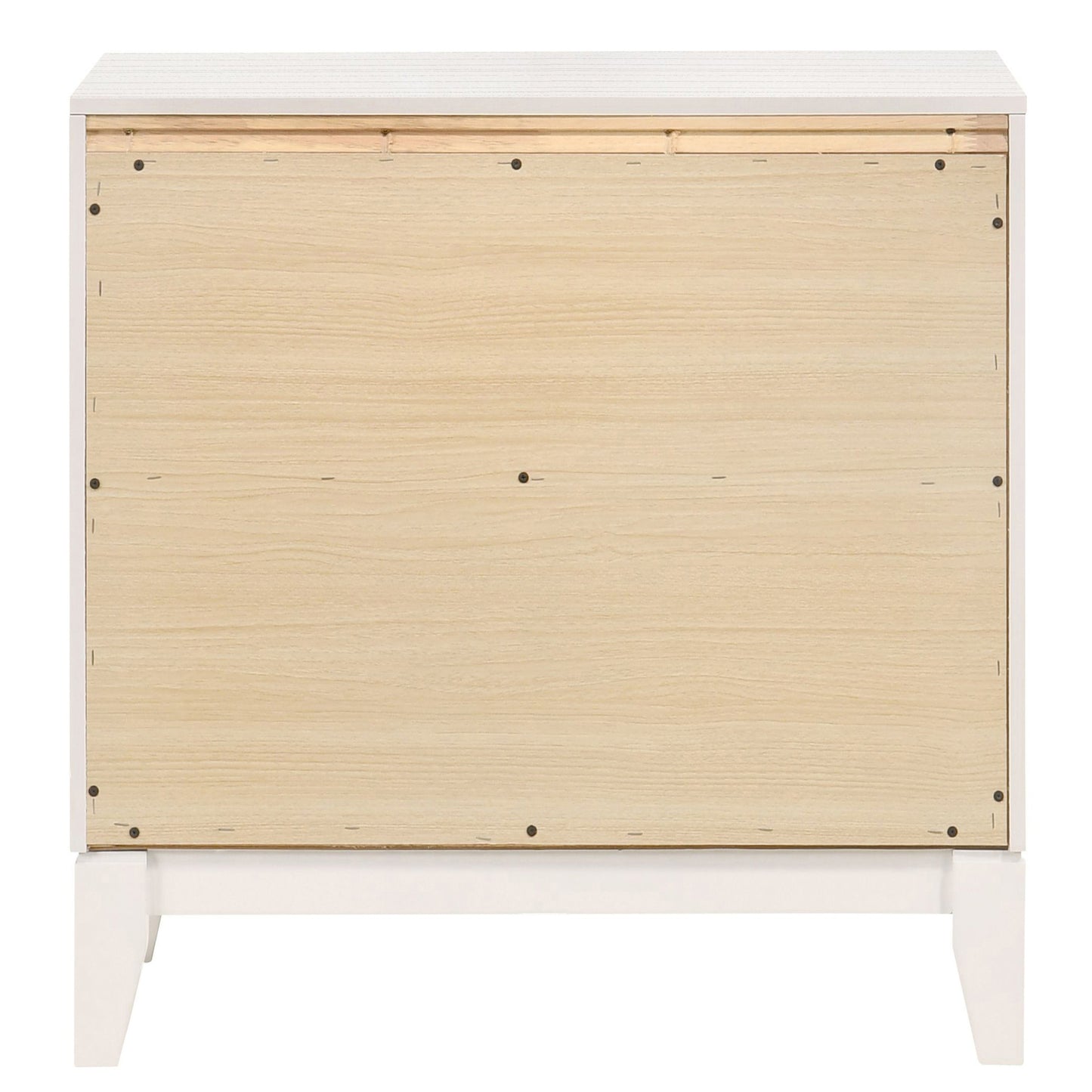 White bedside table with natural wood panel back and legs