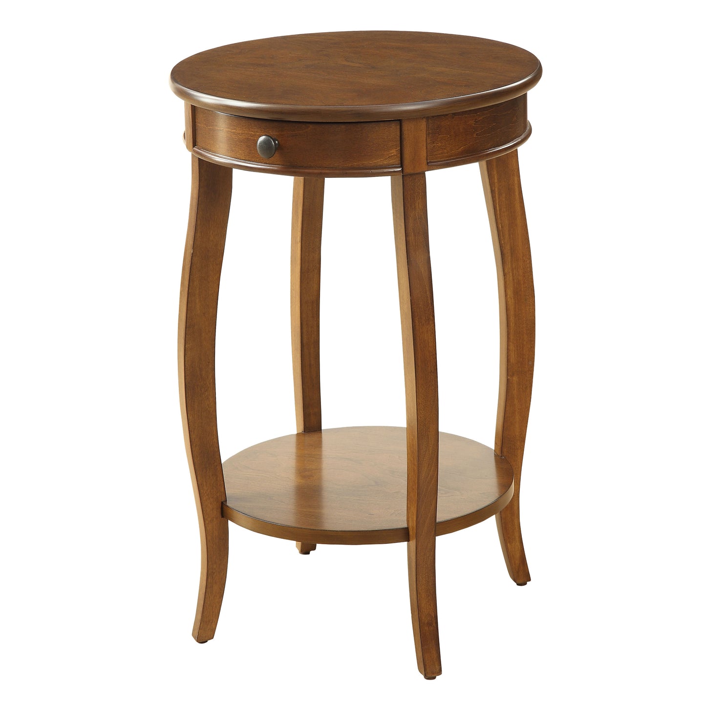 Classic wooden end table with curved legs and a single drawer