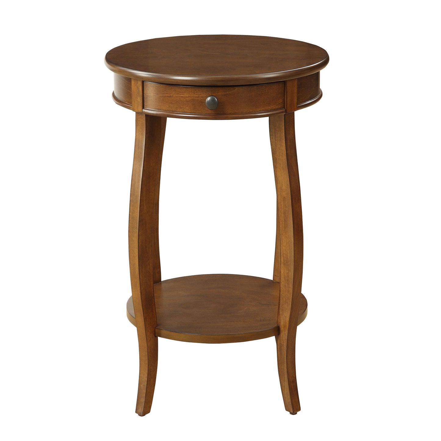 Round wooden end table with a single drawer and lower shelf
