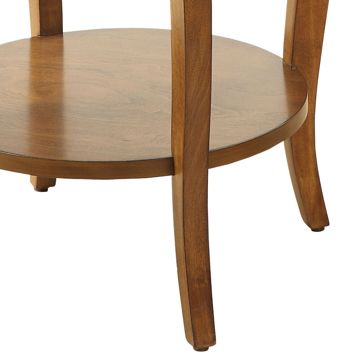 Closeup of a warm brown wooden side table with two round tiers and curved legs