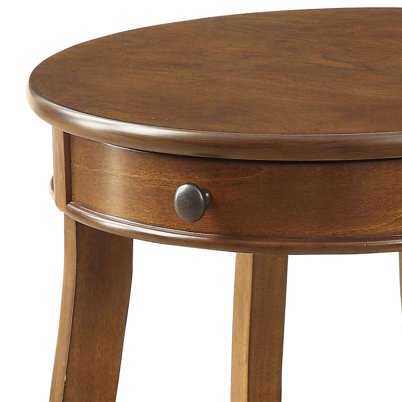 Round dark wood end table with single drawer and black knob detail