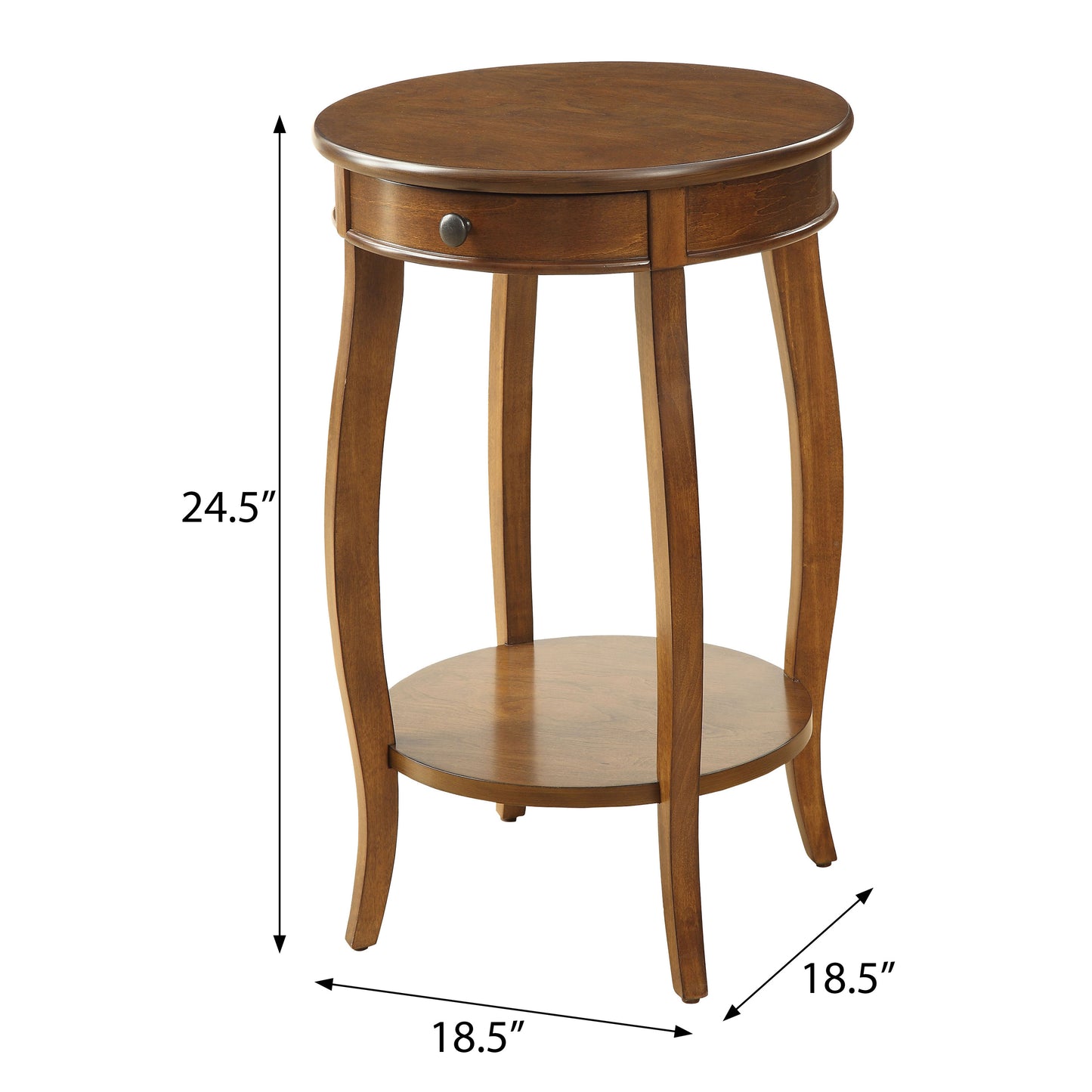 Round wood end table with a single drawer and lower shelf finished in rich walnut