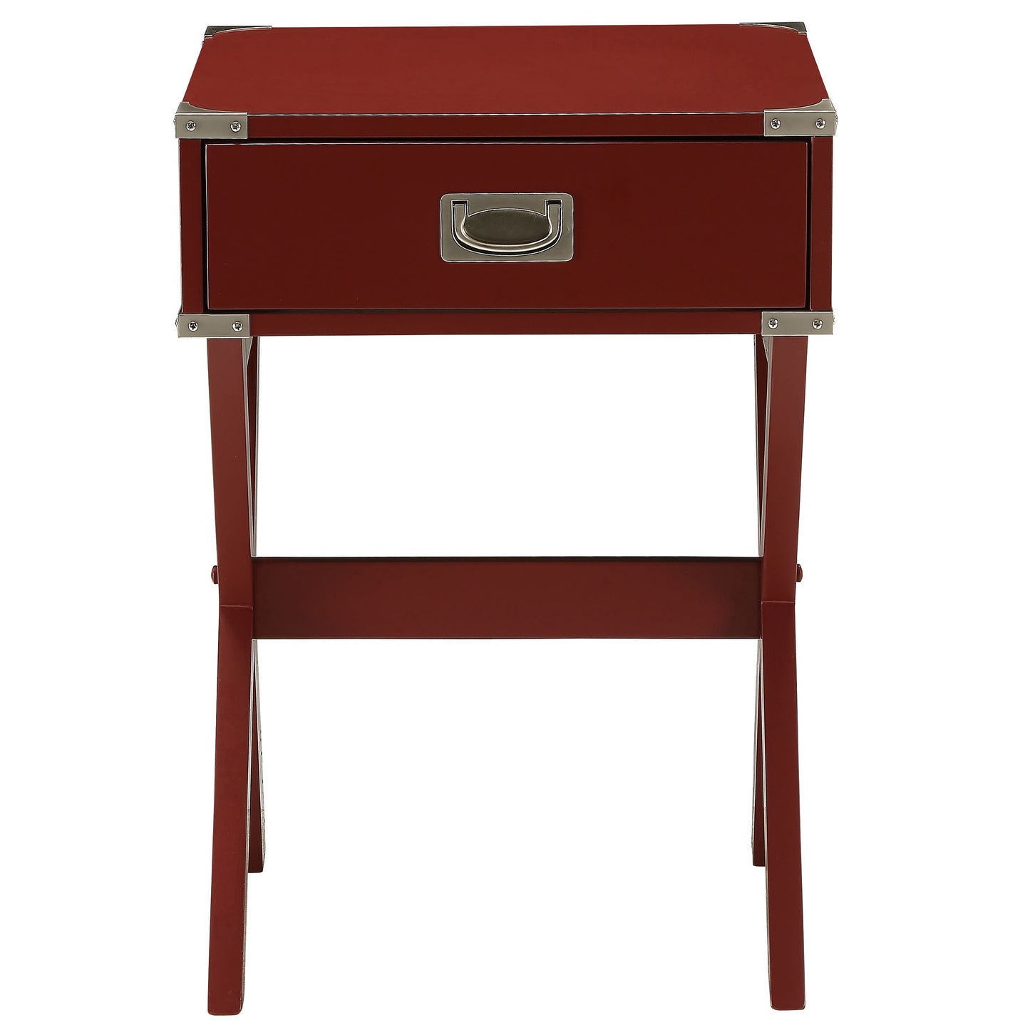 Red campaign nightstand with silver hardware and metal corner accents
