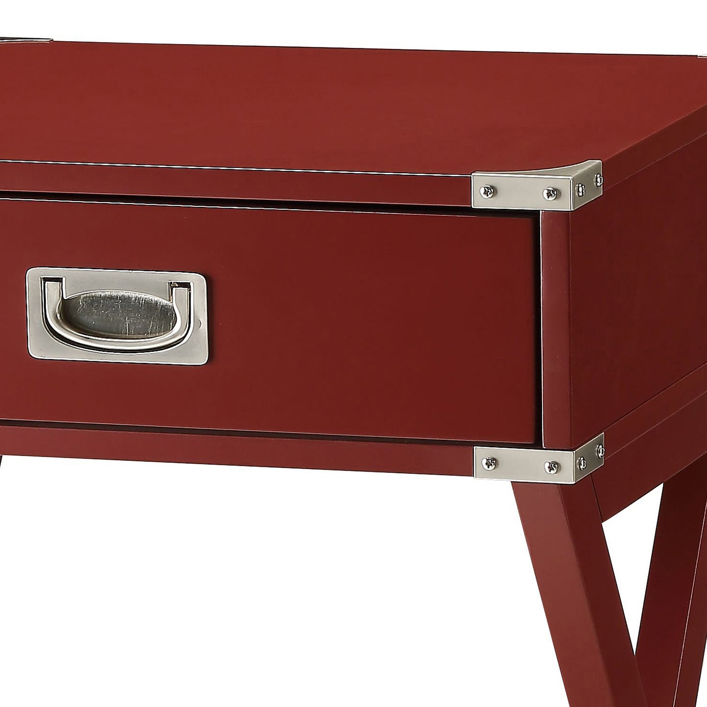 Red wooden accent table with metal drawer pull and corner accents