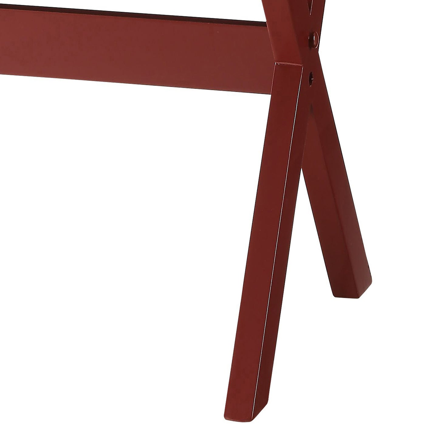 Red metal folding chair legs with a smooth finish