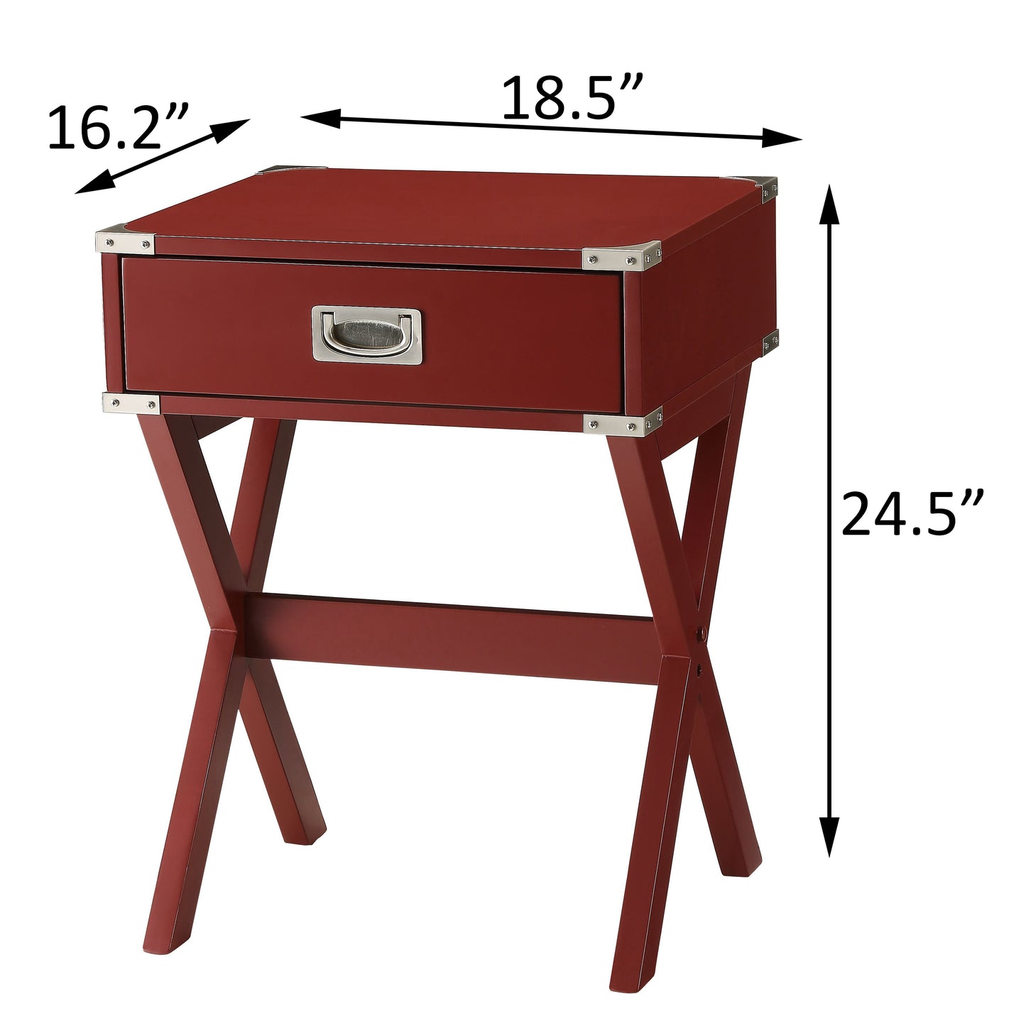 Red campaign style end table with silver hardware and a single drawer
