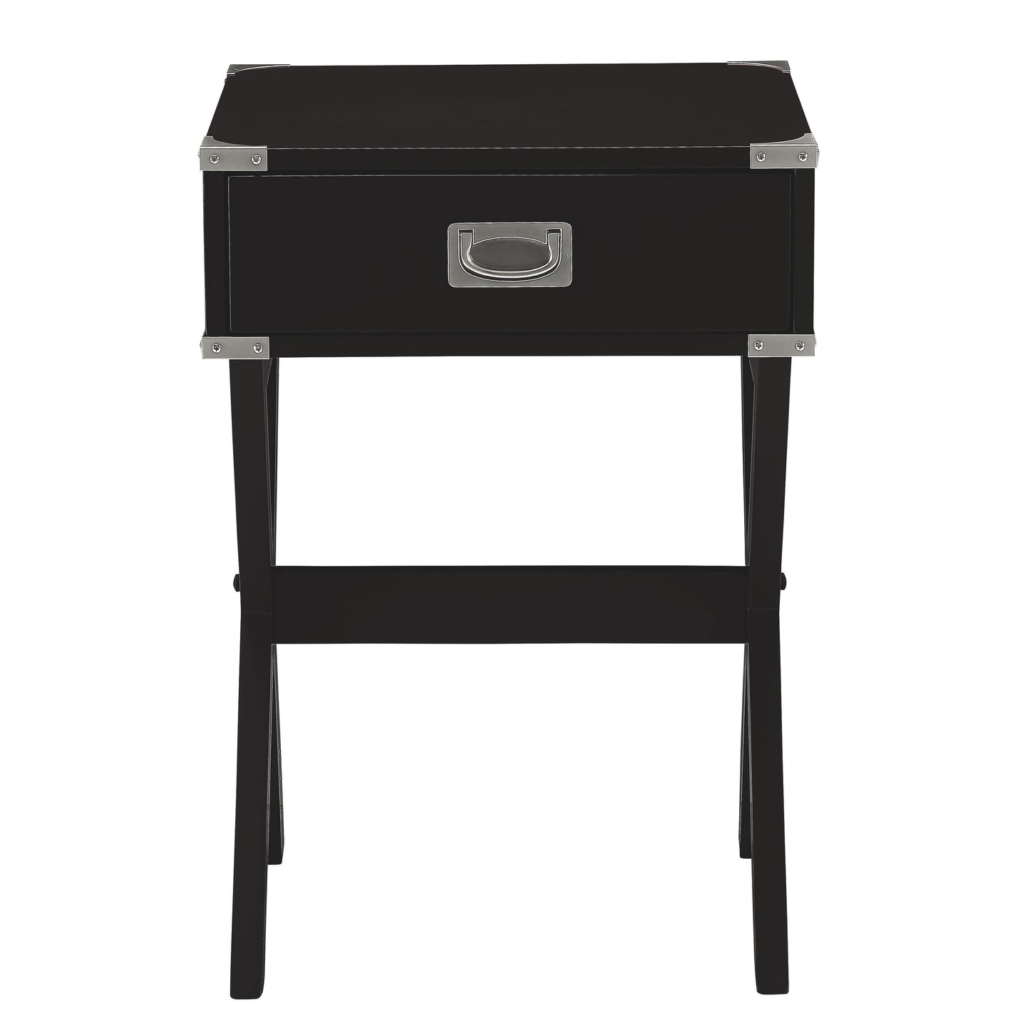 Black campaign nightstand with metal corner accents and drawer pull