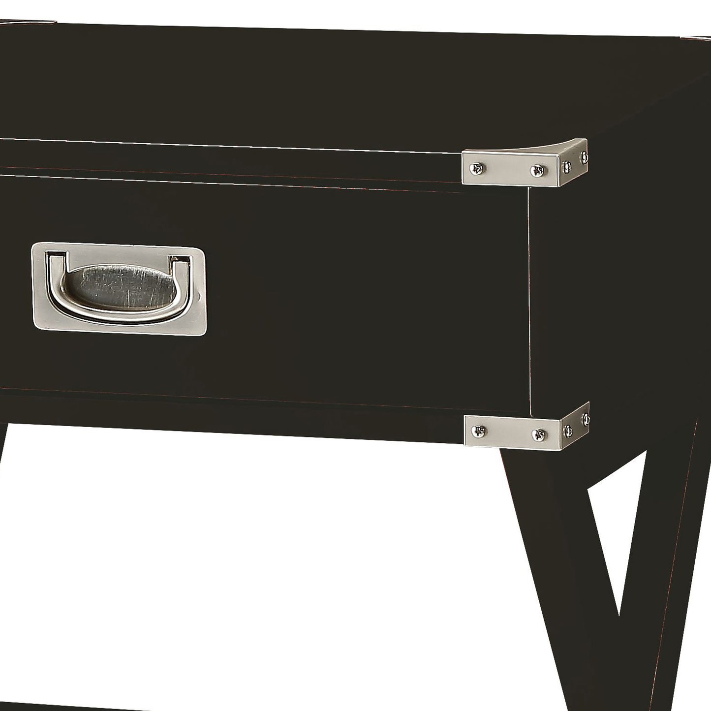 Black modern nightstand with silver drawer pull and corner accents