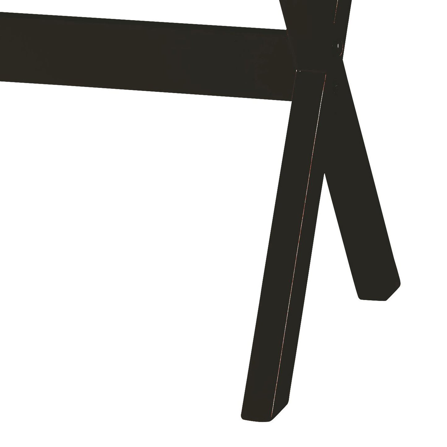 Closeup of a dark wood dining chair leg with a minimalist design