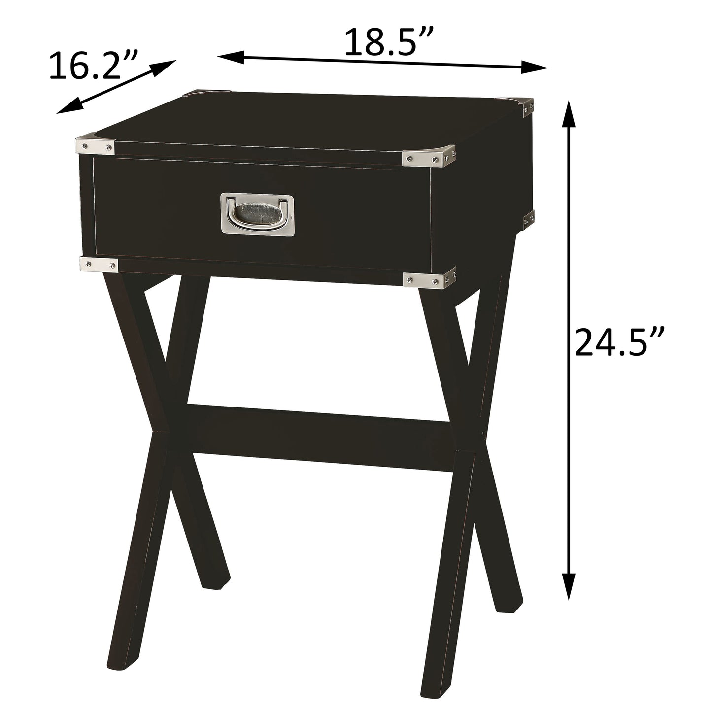 Black wooden side table with antique silver hardware and Xshaped legs