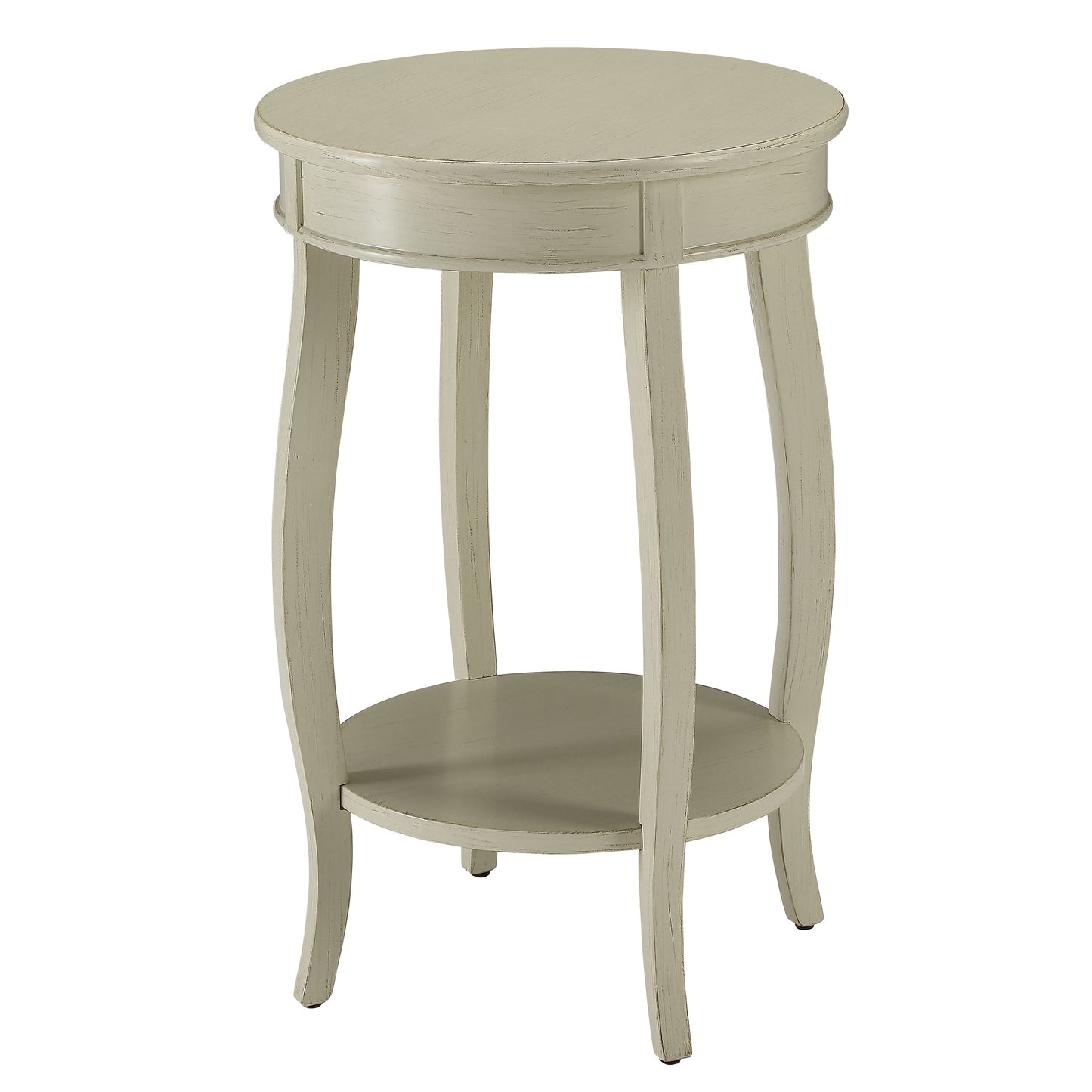 Creamy antique pedestal accent table with elegant curved legs and a lower shelf