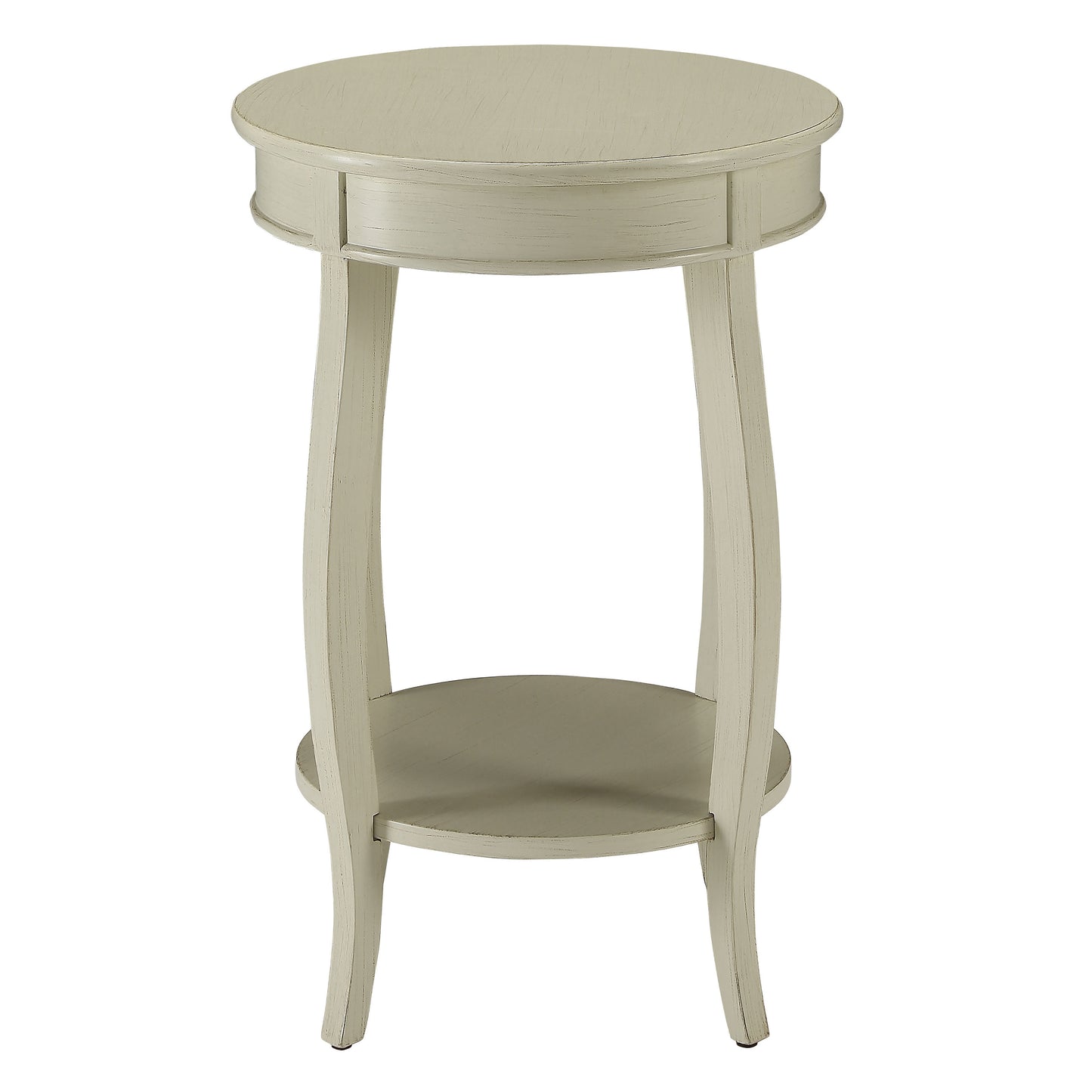 Antique white oval side table with distressed finish and lower shelf
