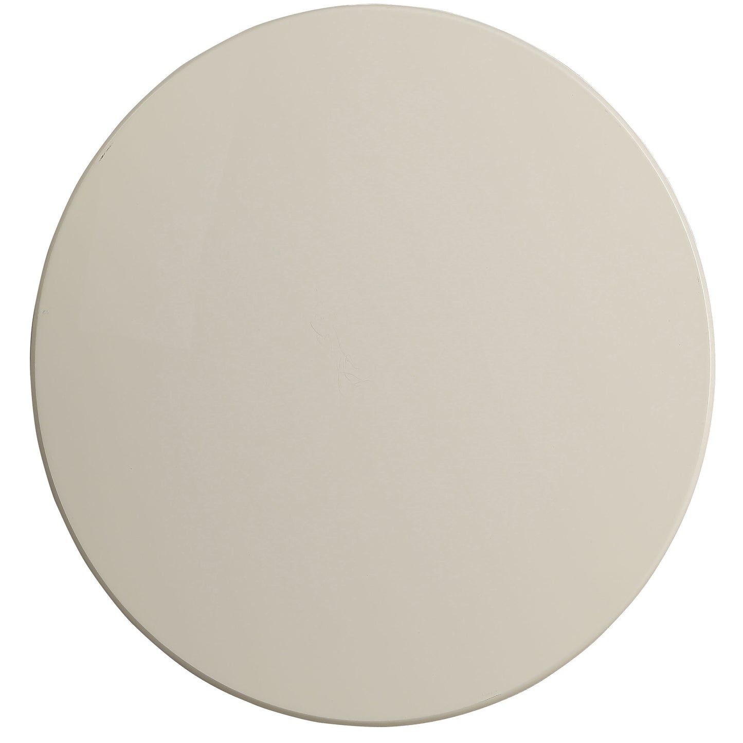 Round beige laminate tabletop with subtle surface scratches