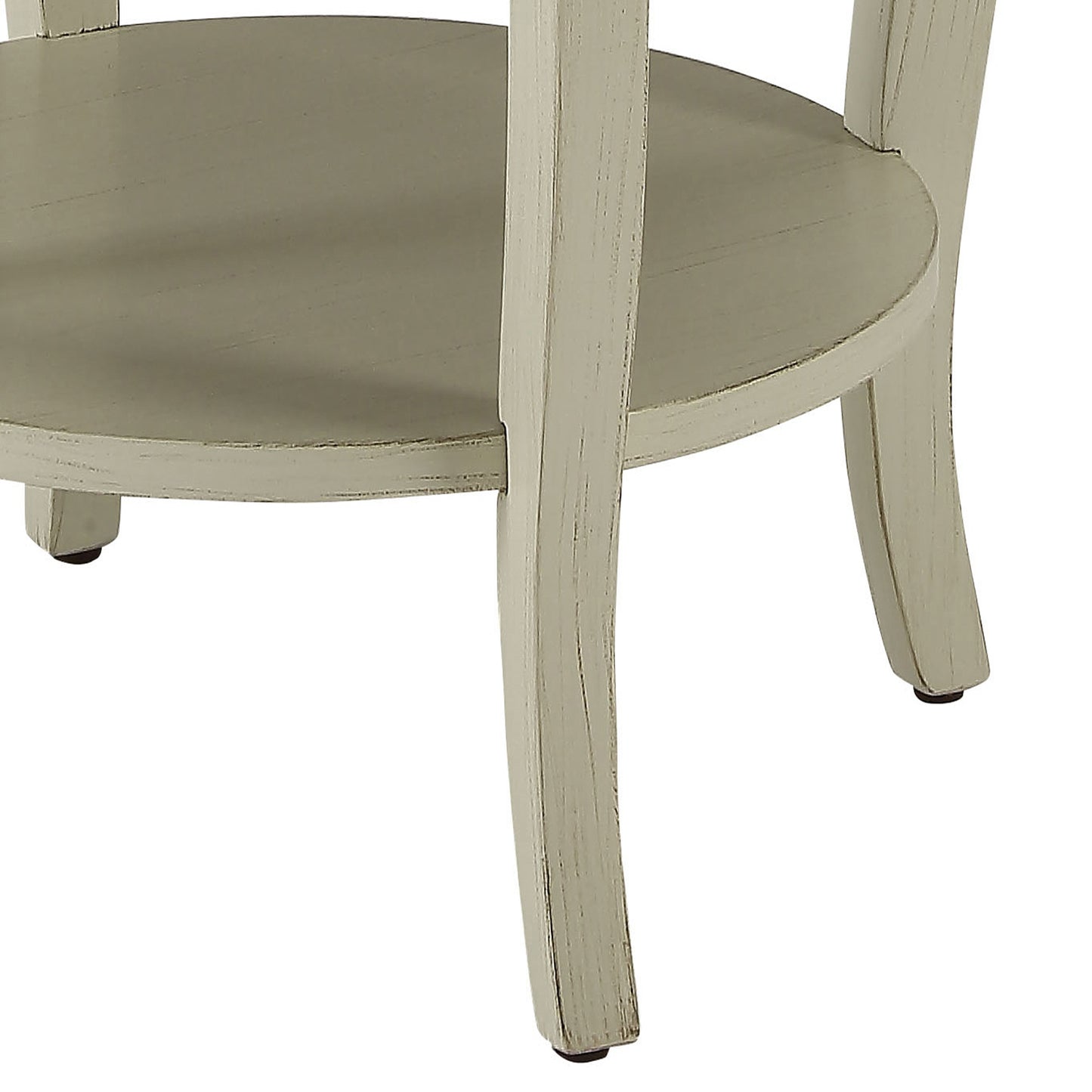 Cream painted wooden end table with curved legs and a circular shelf