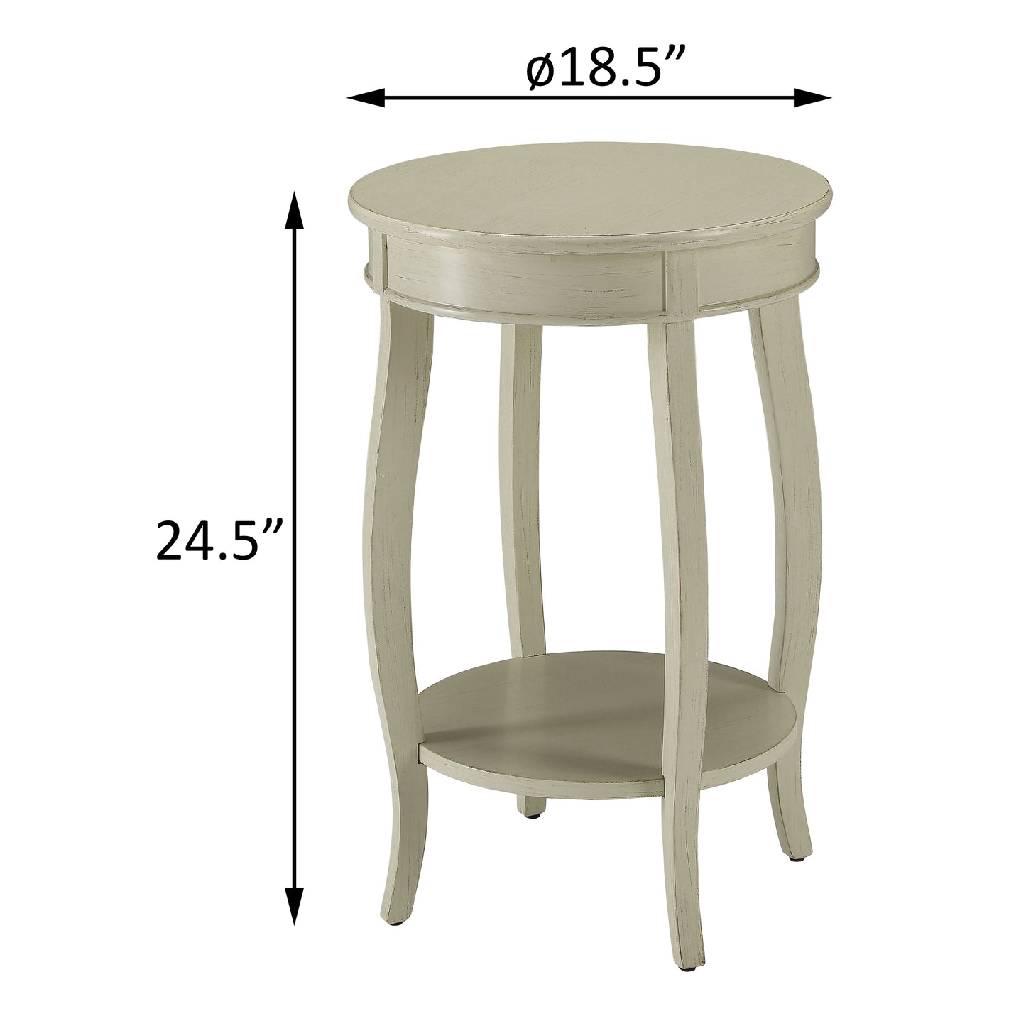 A distressed cream round end table with a lower shelf and curved legs