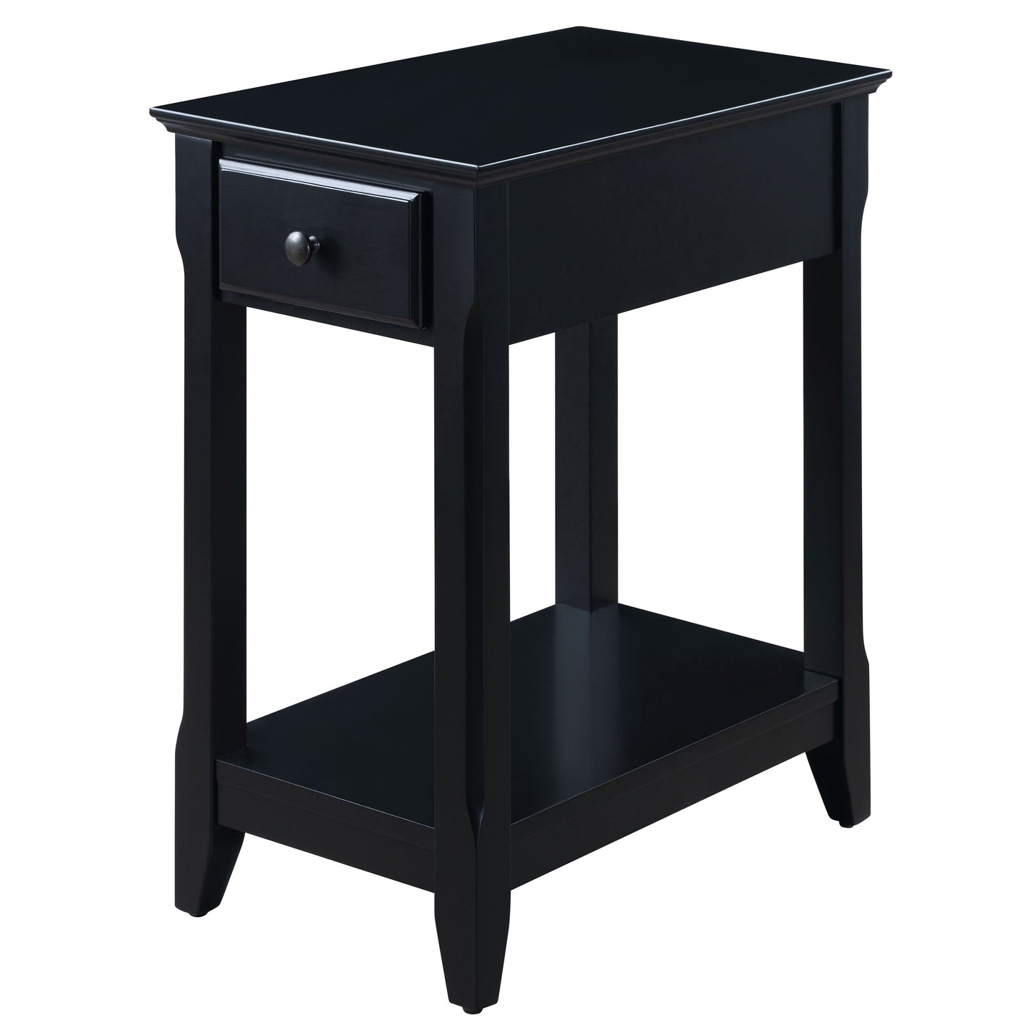Sleek black wood end table with a drawer and lower shelf for storage