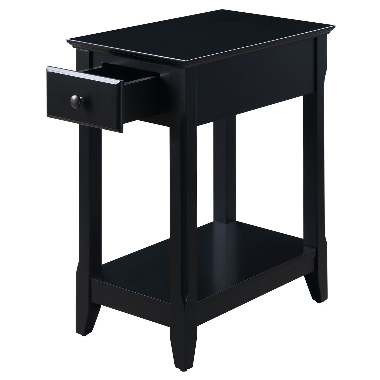 Black wooden accent table with one drawer and lower shelf
