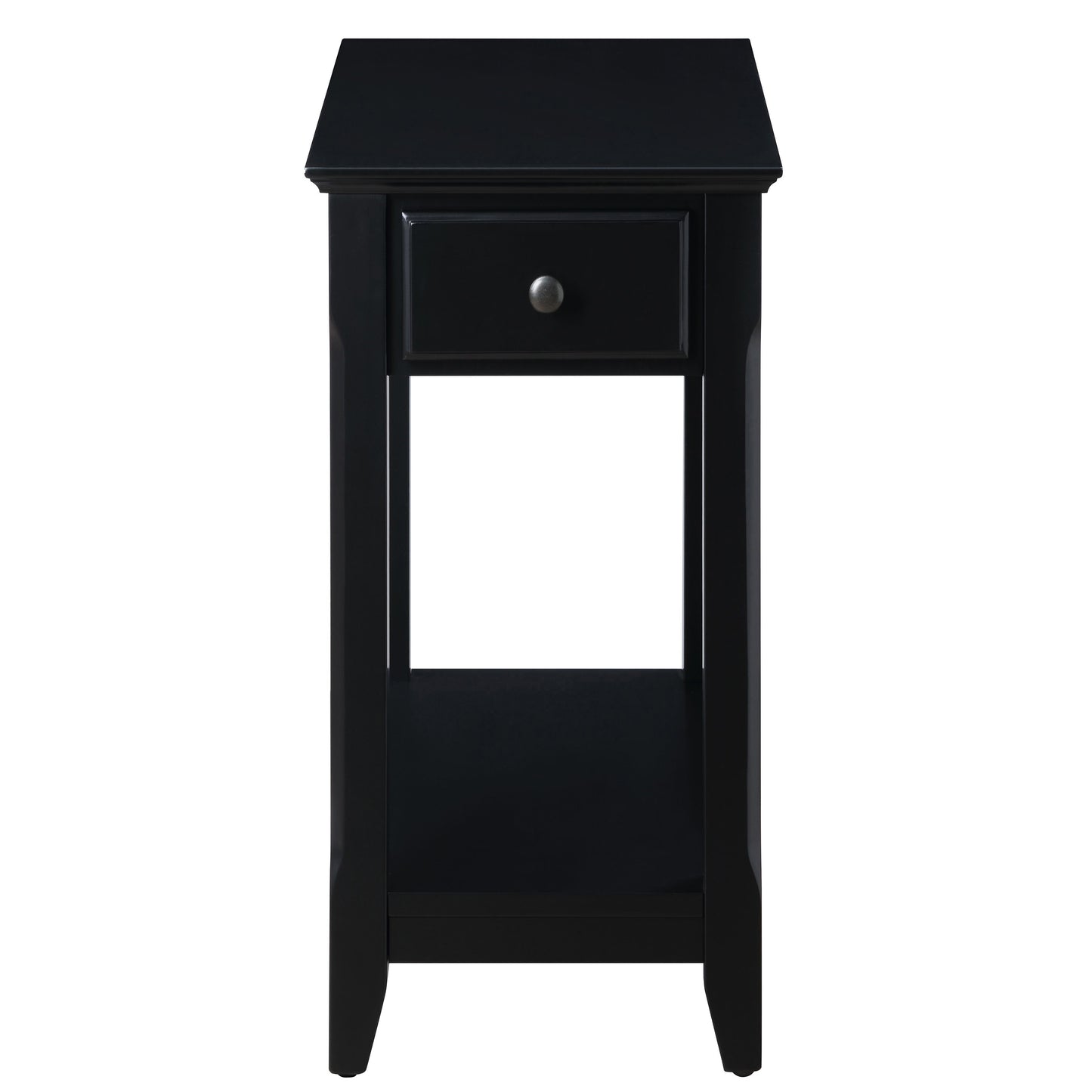 Black wooden nightstand with a single drawer and open shelf space