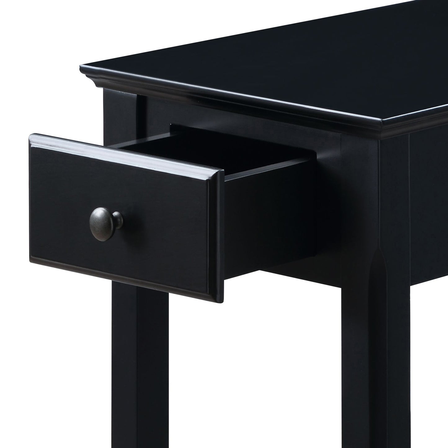 Black console table with one partially opened drawer and a pewter knob