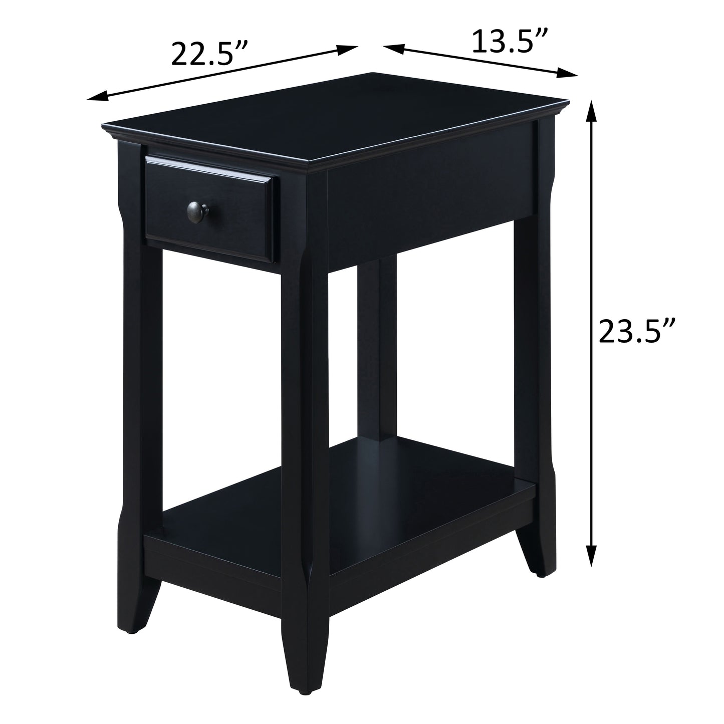 Black wooden end table with one drawer and lower shelf