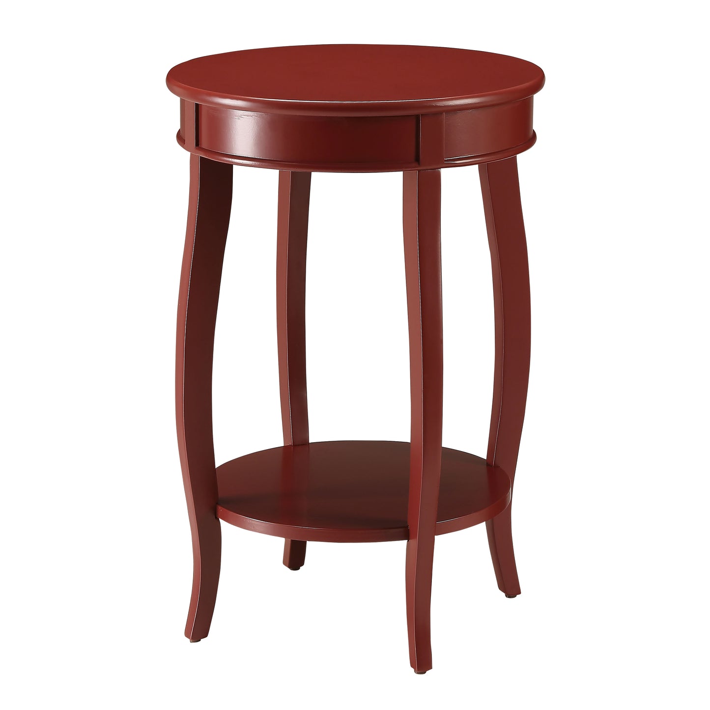 Red round accent table with lower shelf