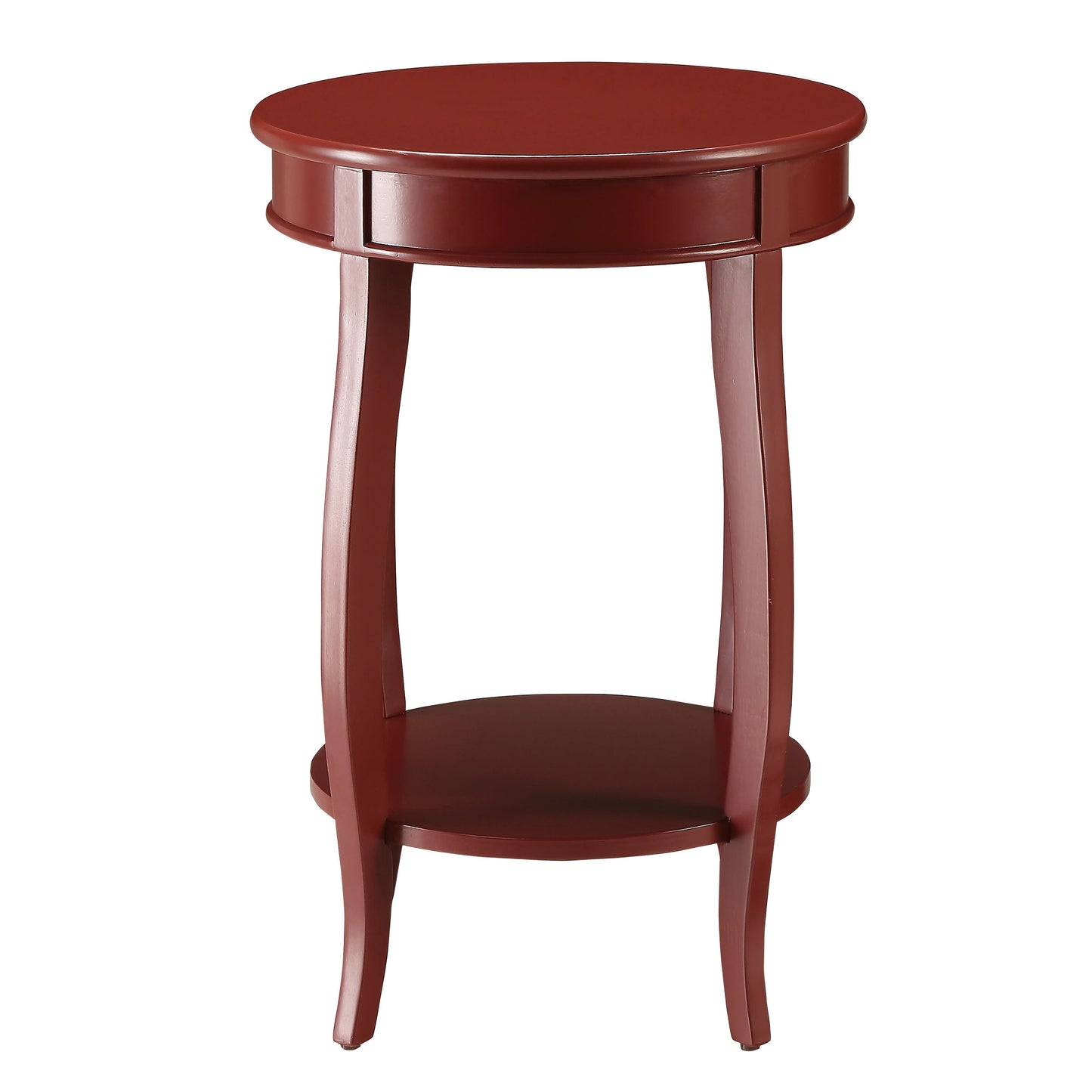 Round red mahogany accent table with single drawer and lower shelf