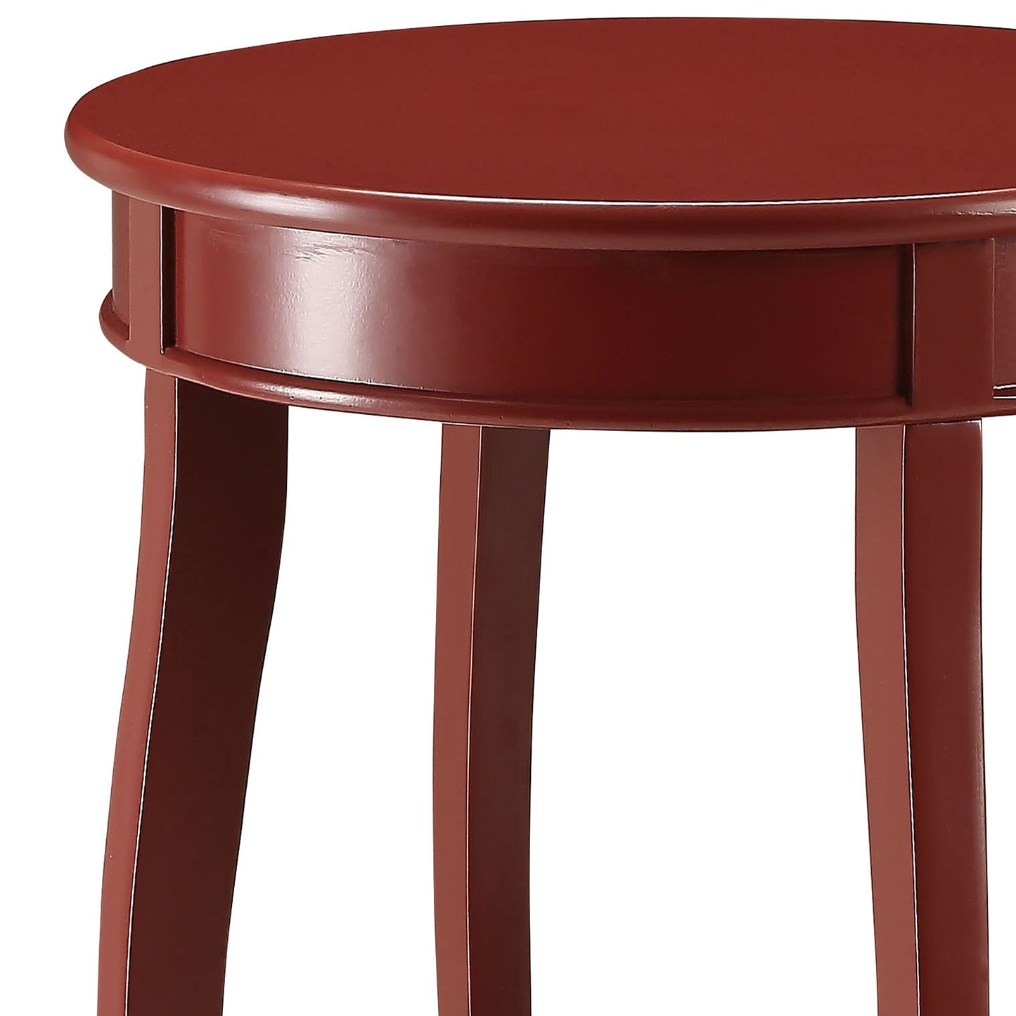 Round wooden side table in a rich burgundy color with tapered legs