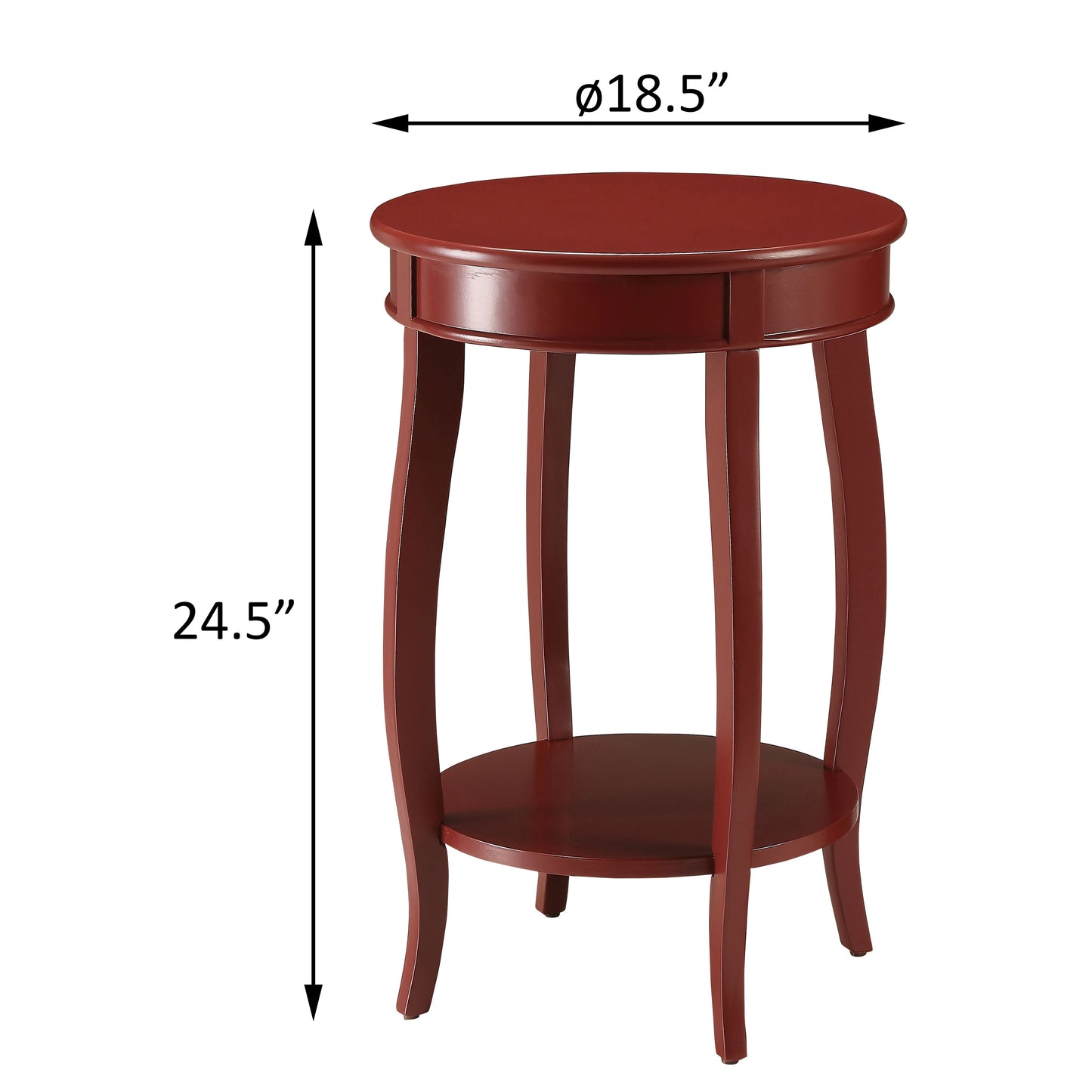 Round dark red wood accent table with tapered legs and lower shelf