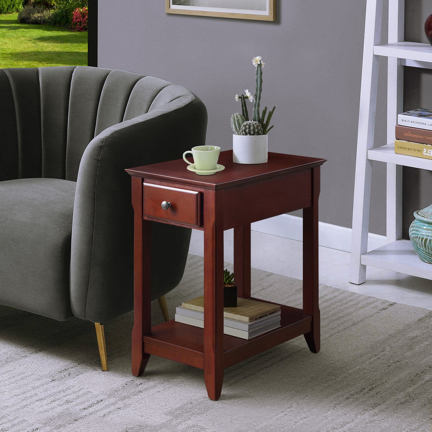 Mahogany wood end table with drawer and lower shelf