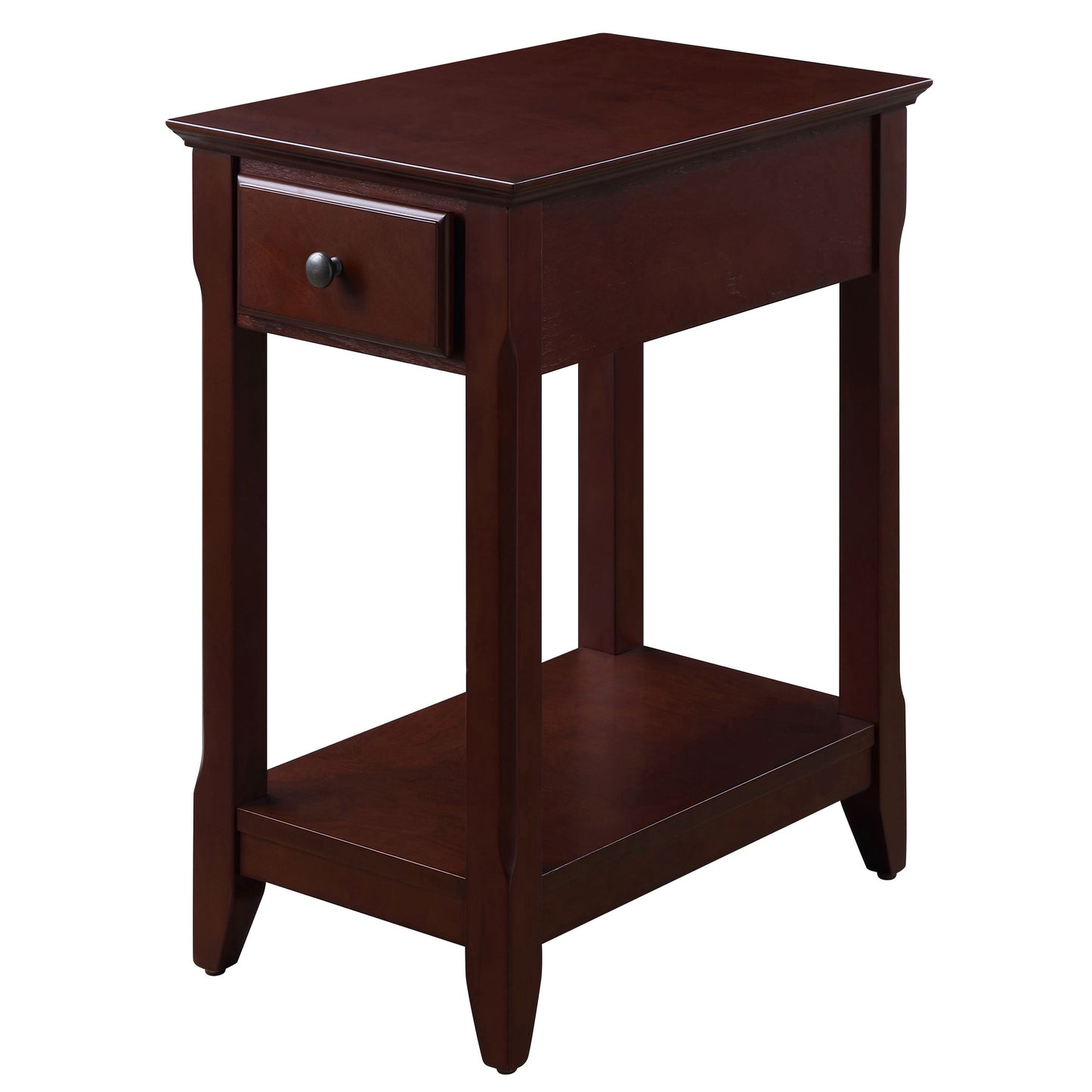 Rich mahogany end table with drawer and lower shelf for living room storage