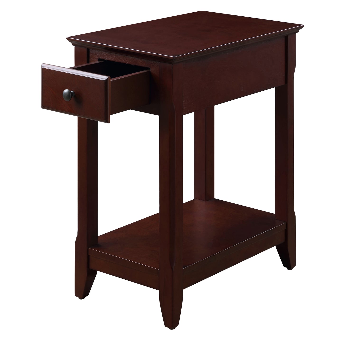 Dark cherry end table with open drawer and lower shelf
