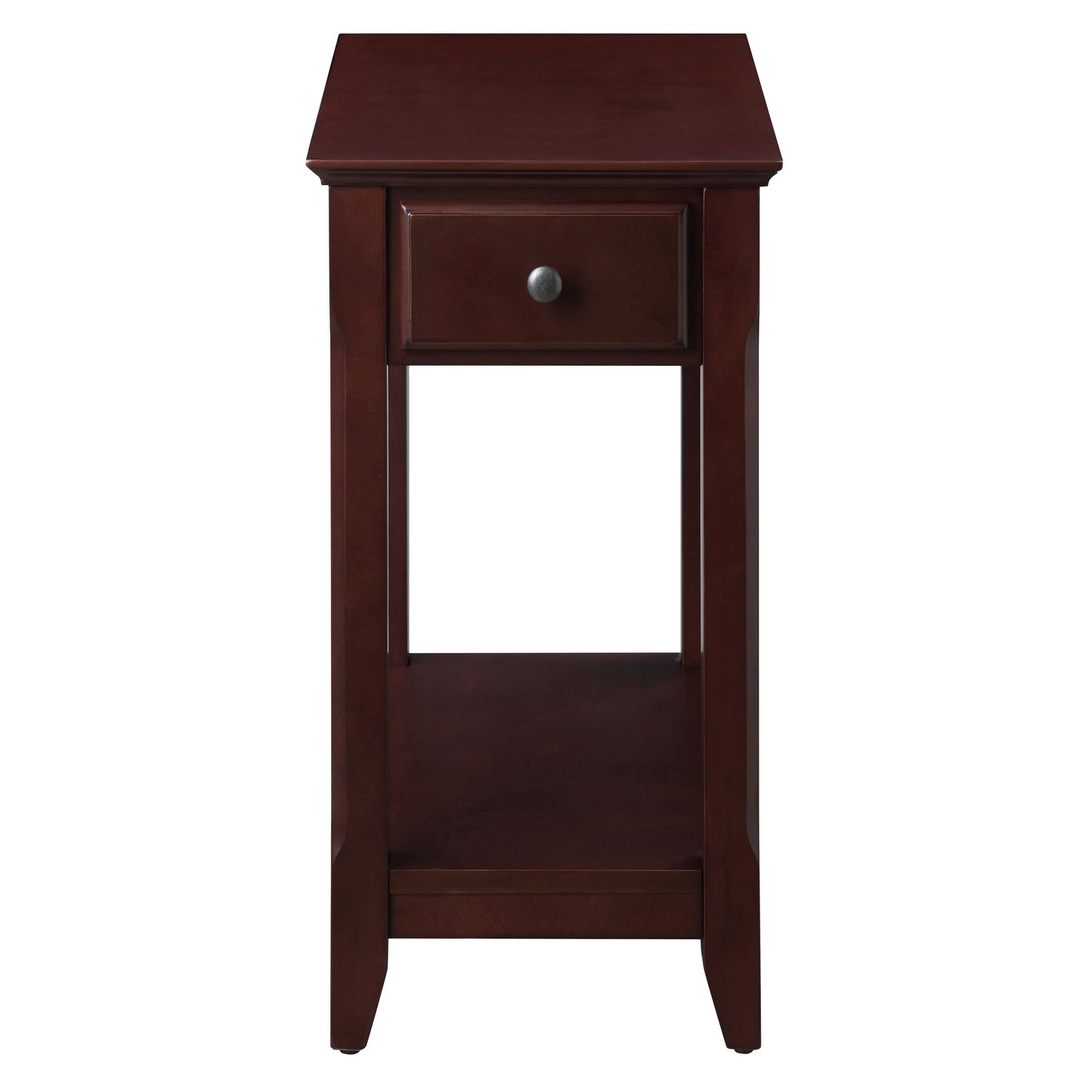 Dark cherry wood accent table with one drawer and open shelf