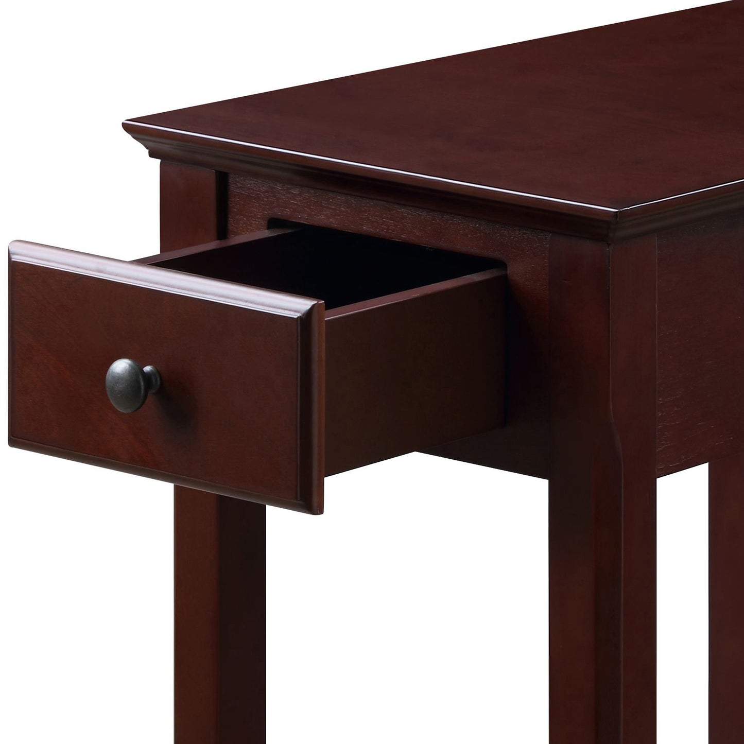 Dark cherry wood console table with one open drawer and knob