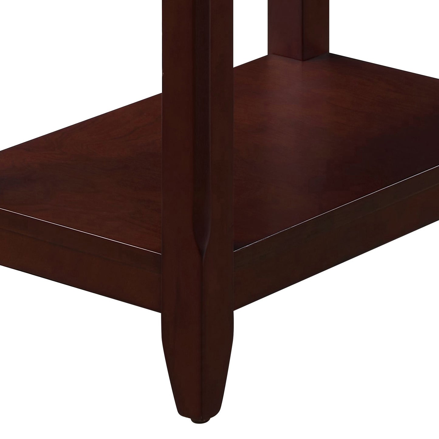 Closeup of a dark brown wooden side table leg and shelf