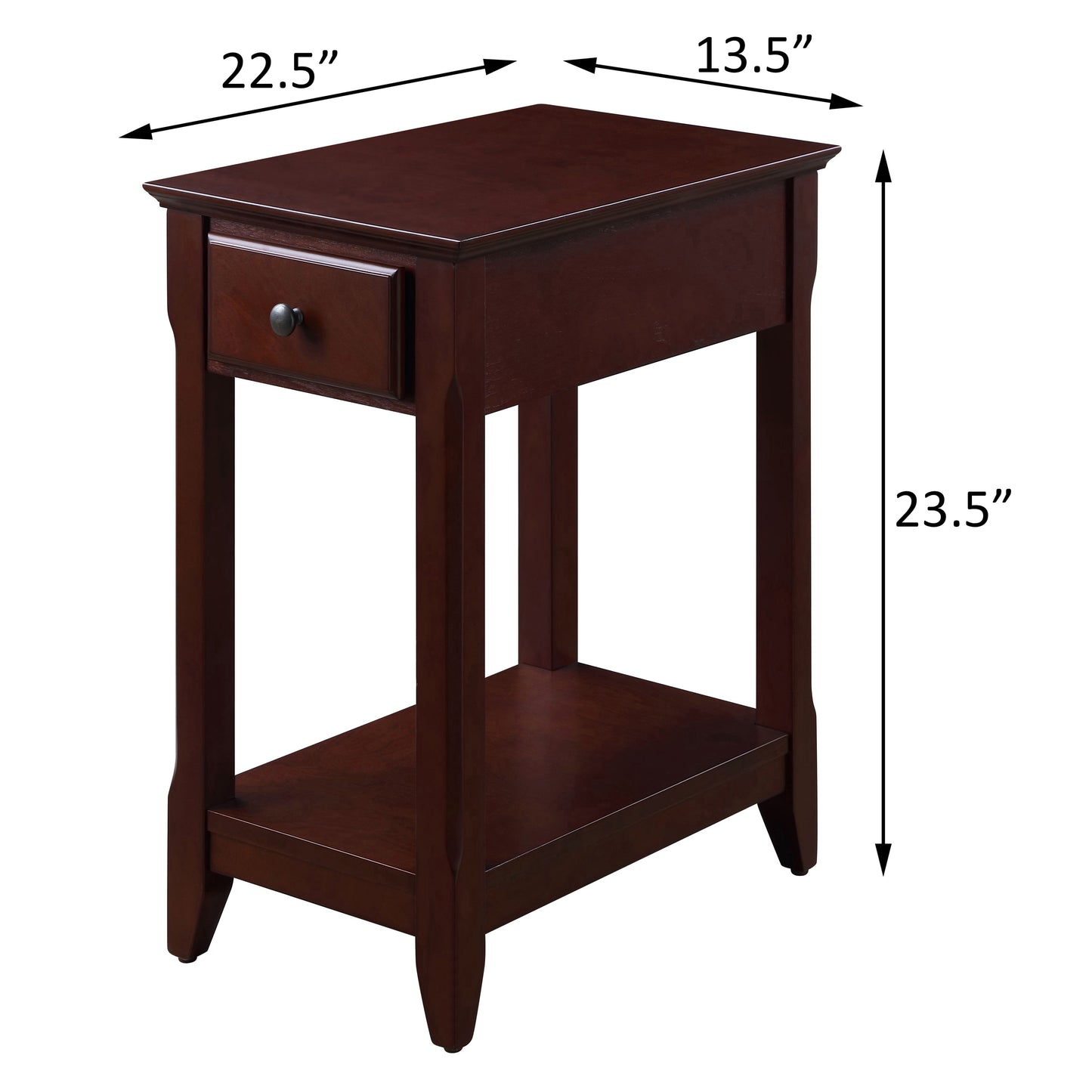 Dark brown end table with one drawer and lower shelf perfect for living rooms