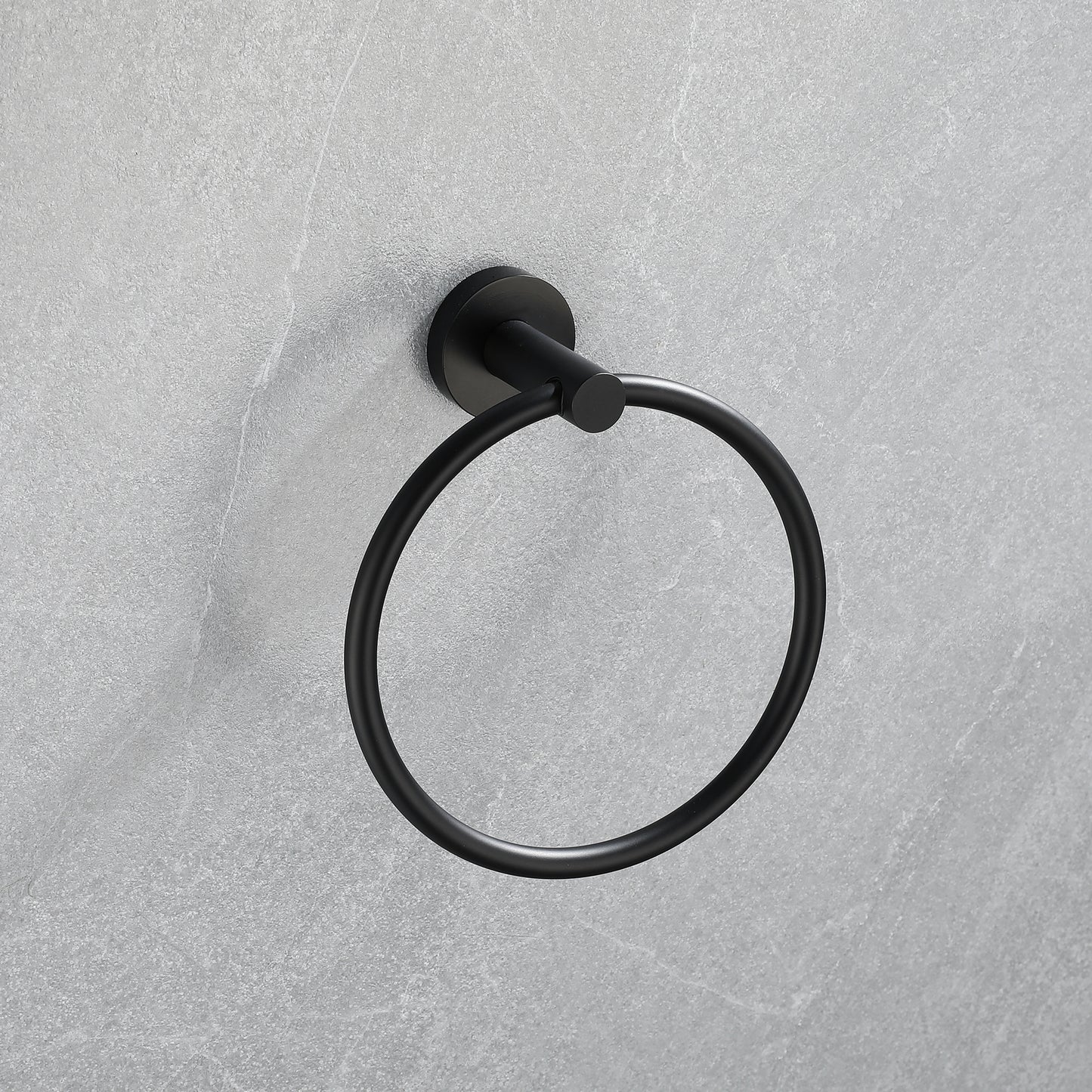 Modern matte black towel ring with circular design perfect for minimalist bathrooms