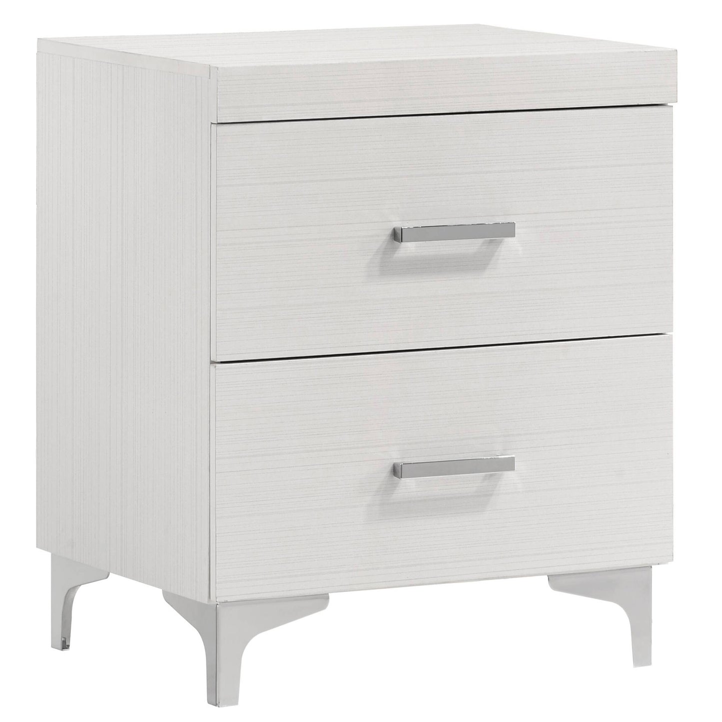 White woodgrain twodrawer nightstand with brushed nickel pulls and modern legs