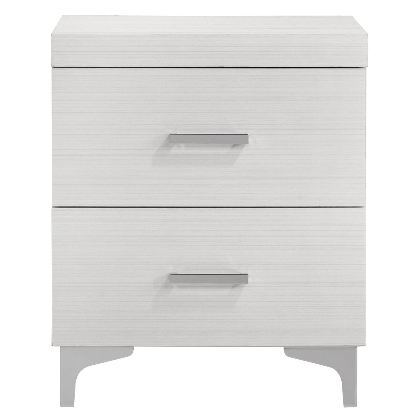 Modern twodrawer white nightstand with silver bar handles and angled silver legs