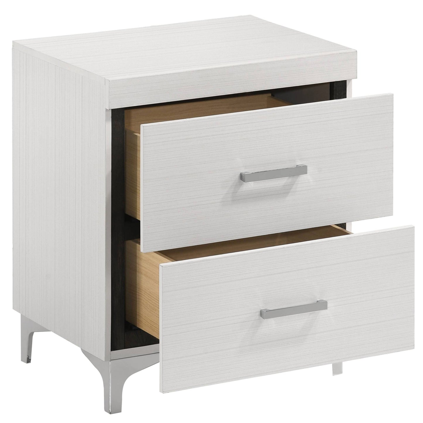 Modern white wood grain nightstand with two drawers and chrome handles