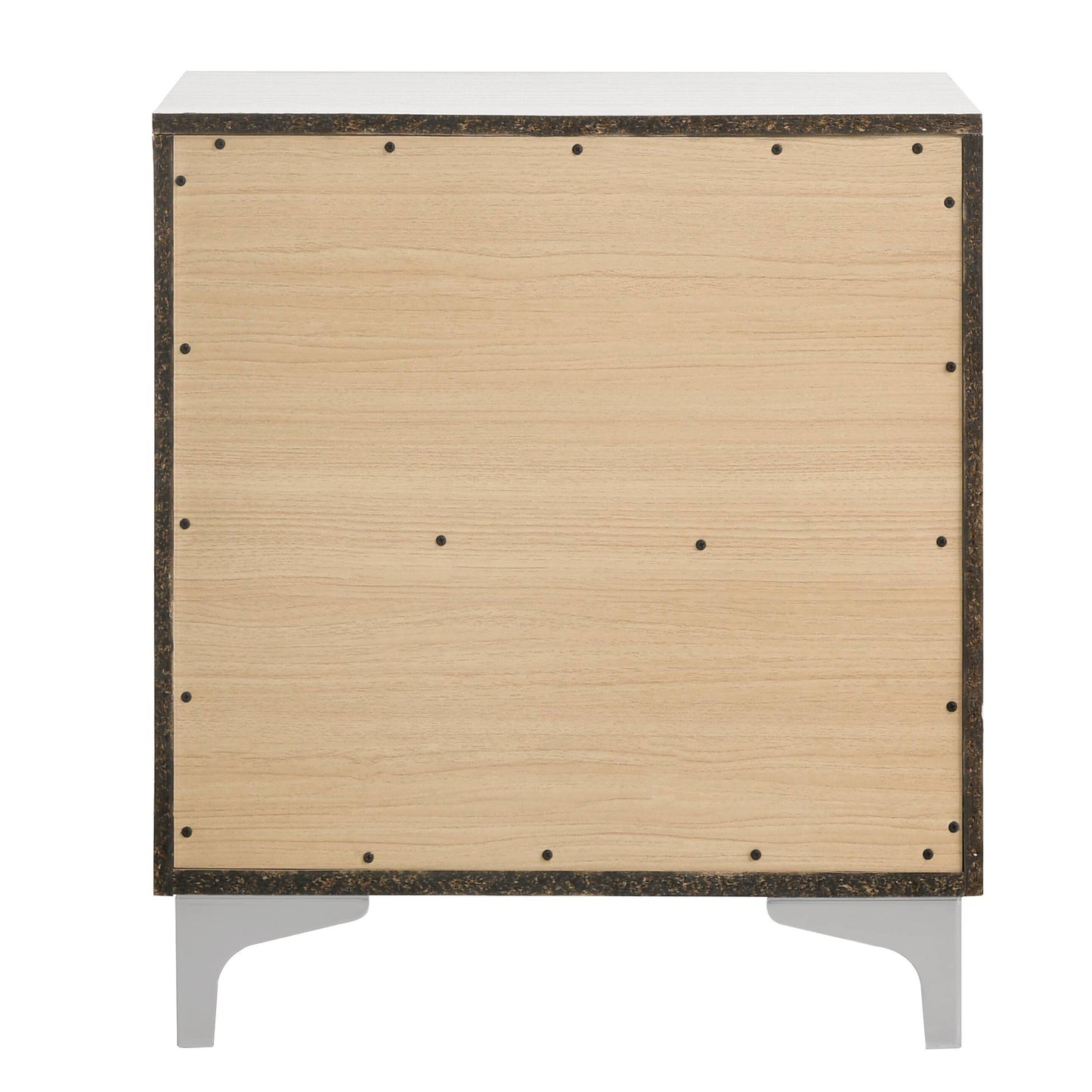 White top bedside table unfinished wood back panel and grey metal legs highlighting craftsmanship