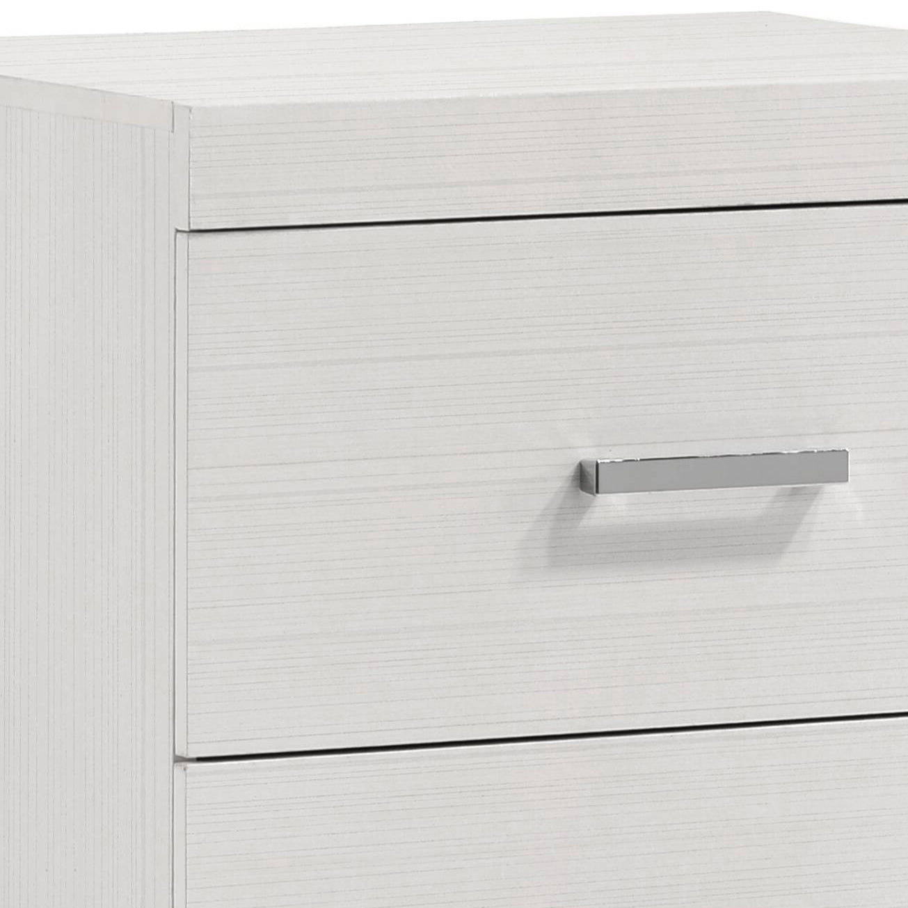 White wood grain nightstand with a sleek silver drawer handle for bedside storage